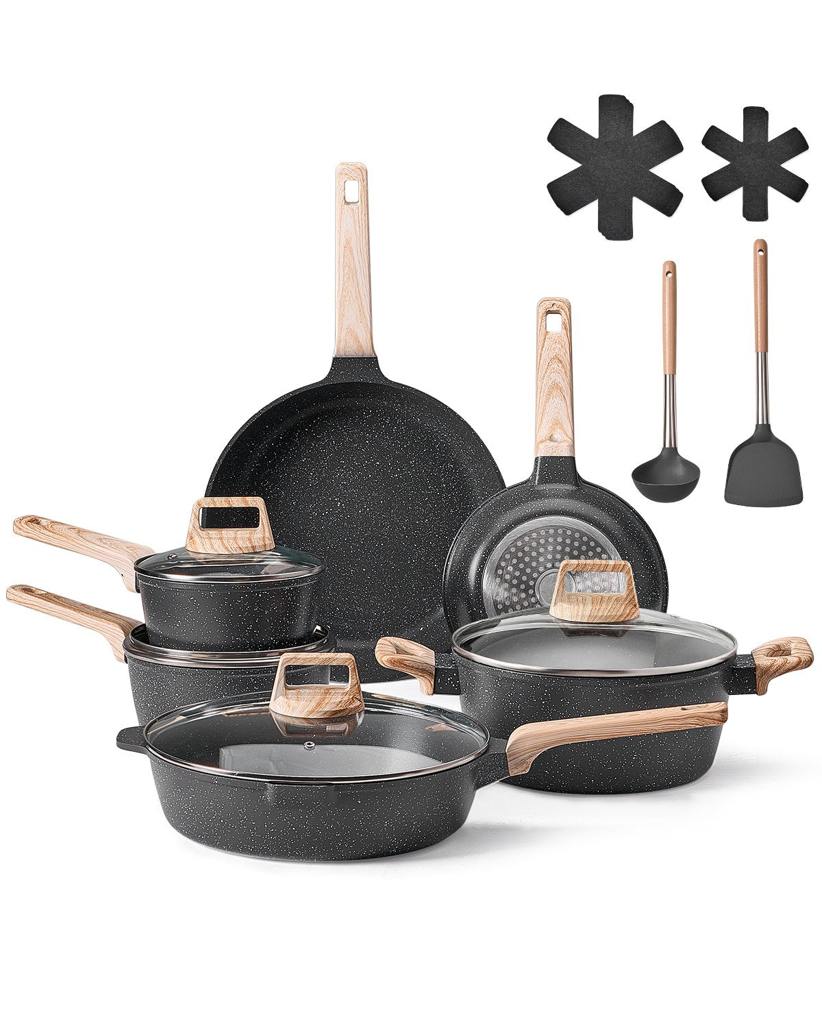 VEVOR 17 Piece Pots and Pans Set Granite Nonstick Kitchen Cookware Black
