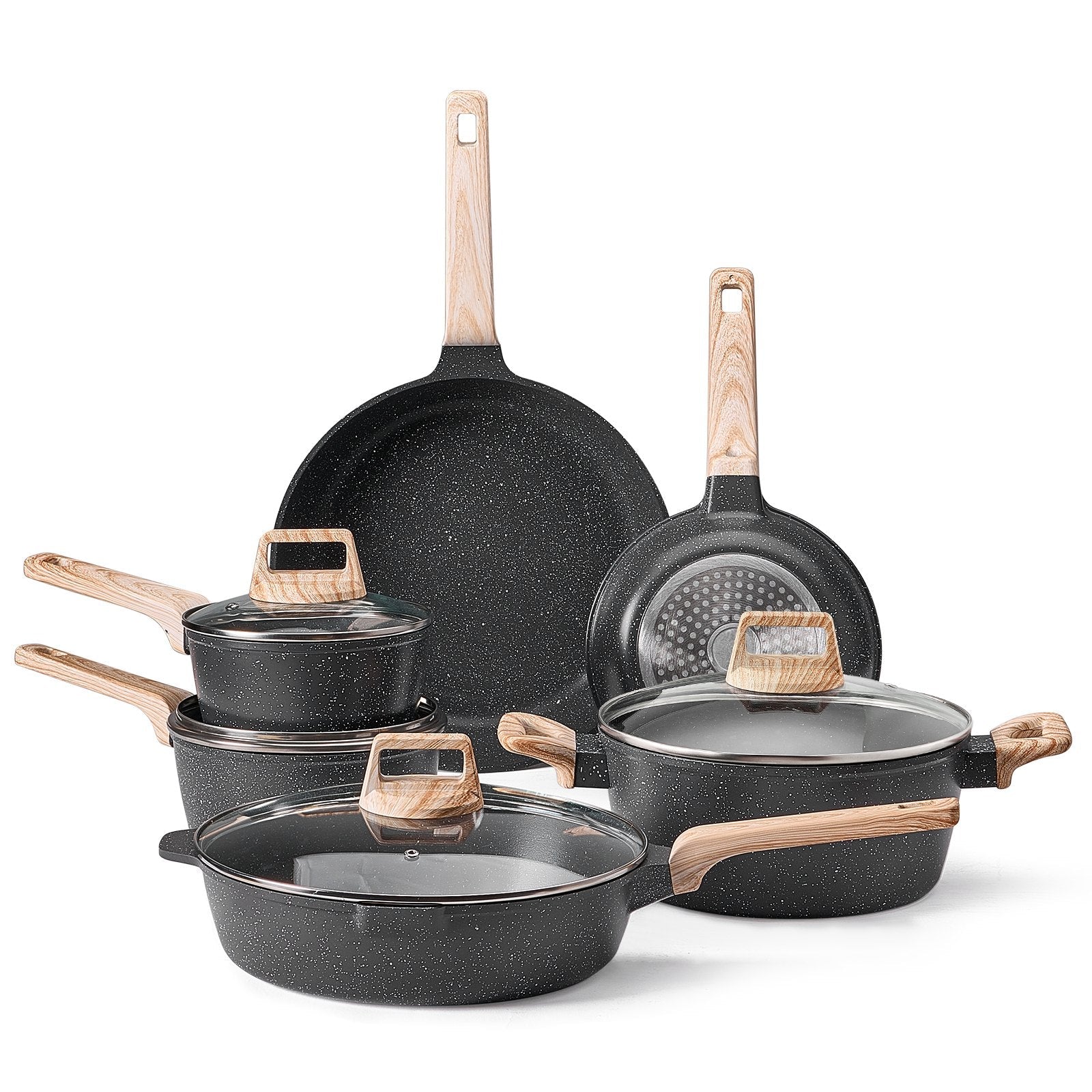VEVOR 17 Piece Pots and Pans Set Granite Nonstick Kitchen Cookware Black