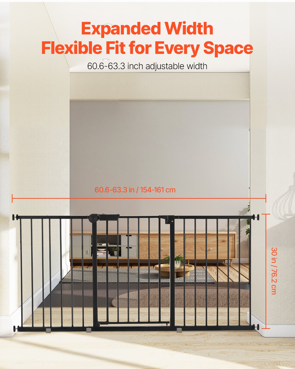 VEVOR Baby Gate 60.6-63.3 Inches Adjustable Width 30 Inches High Dog Gate Black