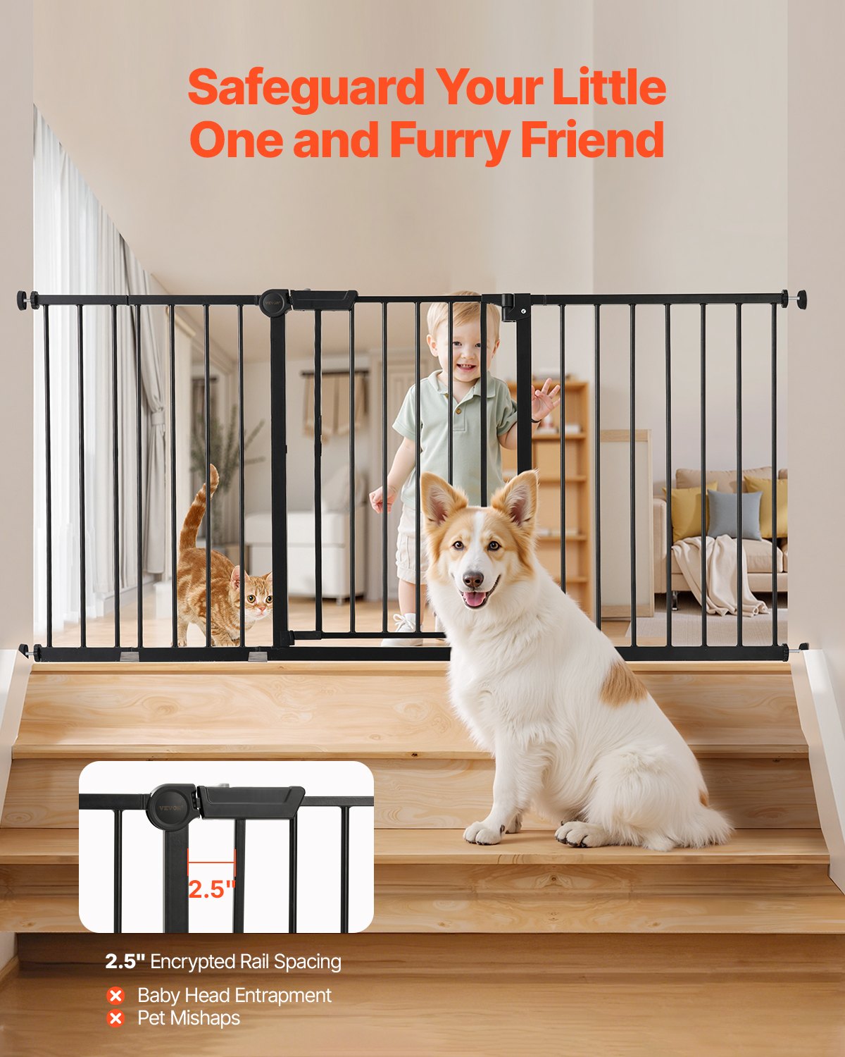 VEVOR Baby Gate 60.6-63.3 Inches Adjustable Width 30 Inches High Dog Gate Black