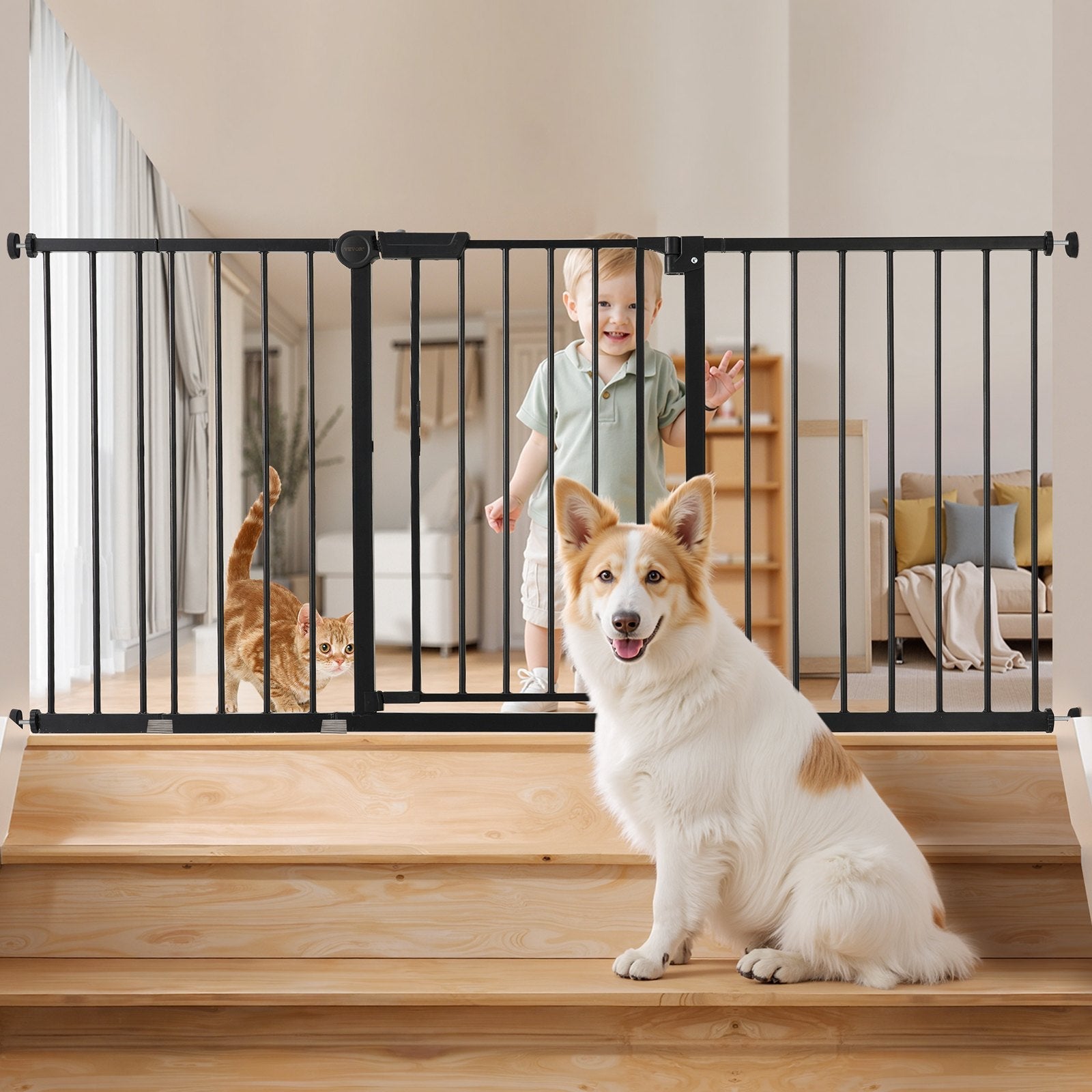 VEVOR Baby Gate 60.6-63.3 Inches Adjustable Width 30 Inches High Dog Gate Black