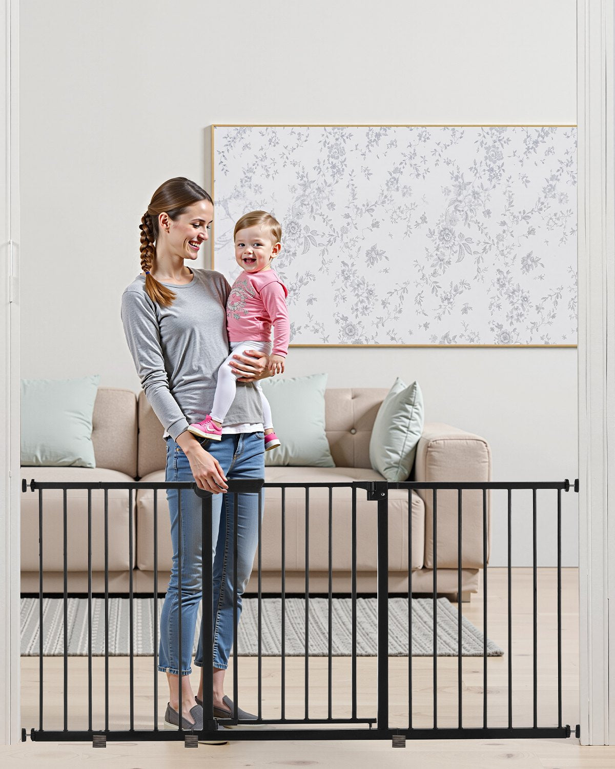 VEVOR Baby Gate 60.6-63.3 Inches Adjustable Width 30 Inches High Dog Gate Black