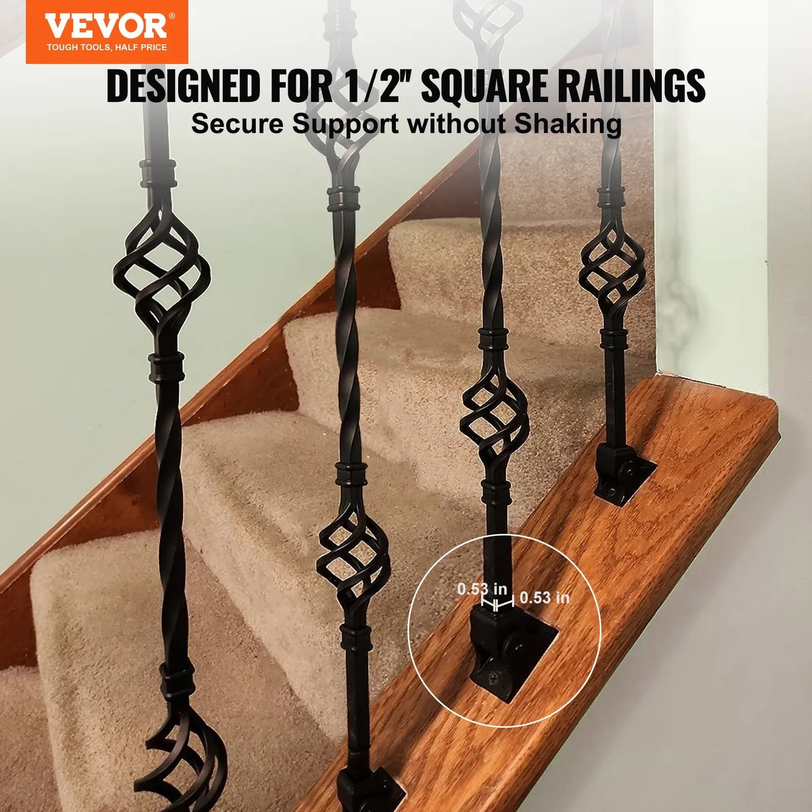 VEVOR Aluminum Alloy Baluster Shoes Square Balusters Baluster Wrought Spindles for Staircase Slant Shoes with Screw Holes for 1/2 Inch Staircase Balusters, Black (50 Pcs)(Screws Sold Separately)