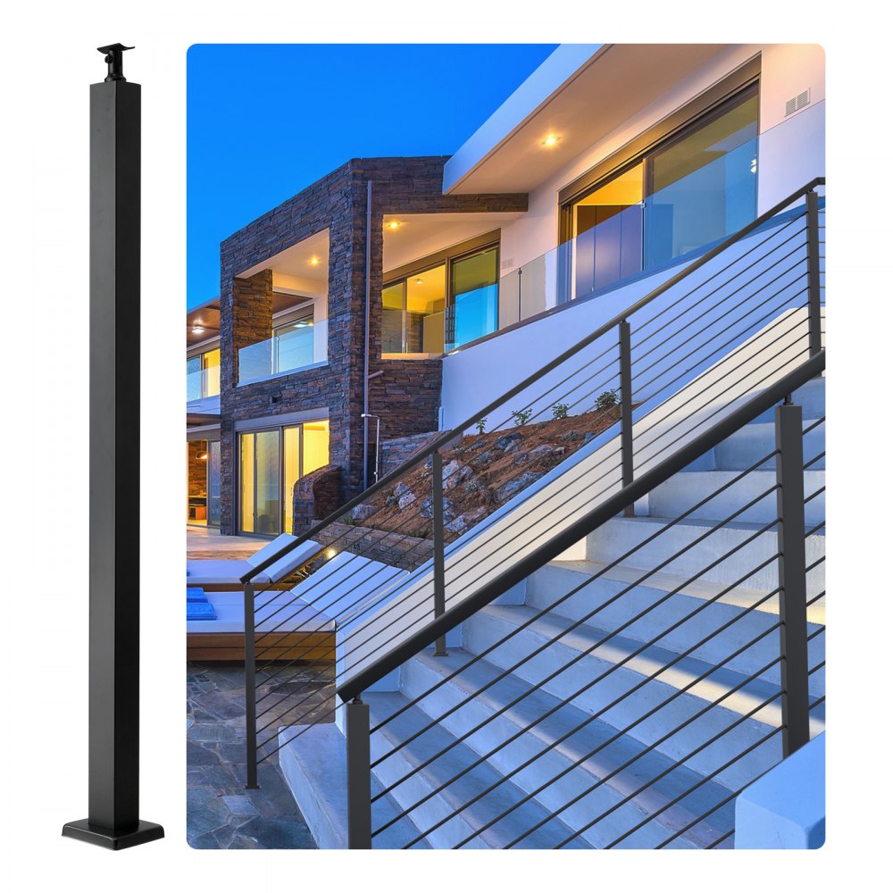 VEVOR Cable Rail Post, 42 x 1.97 x 1.97", Level Deck Stair Post, Cable Handrail Post Stainless Steel Brushed Finishing Deck Railing DIY Picket Without Hole Stair Railing Kit With Mount Bracket Black