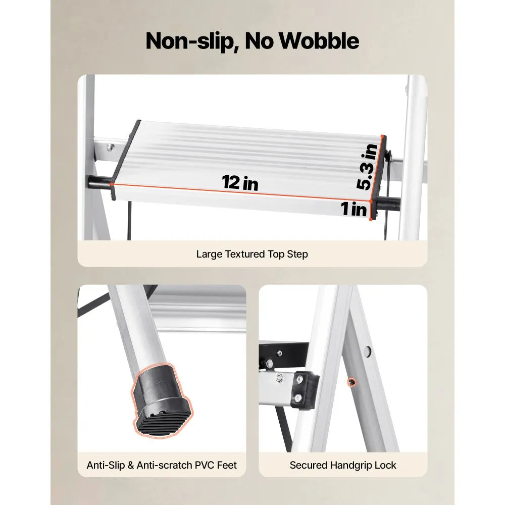 6-Step Folding Ladder – 330 lb Capacity Aluminum Step Ladder with Tool Tray & Anti-Slip Pedals – Silver