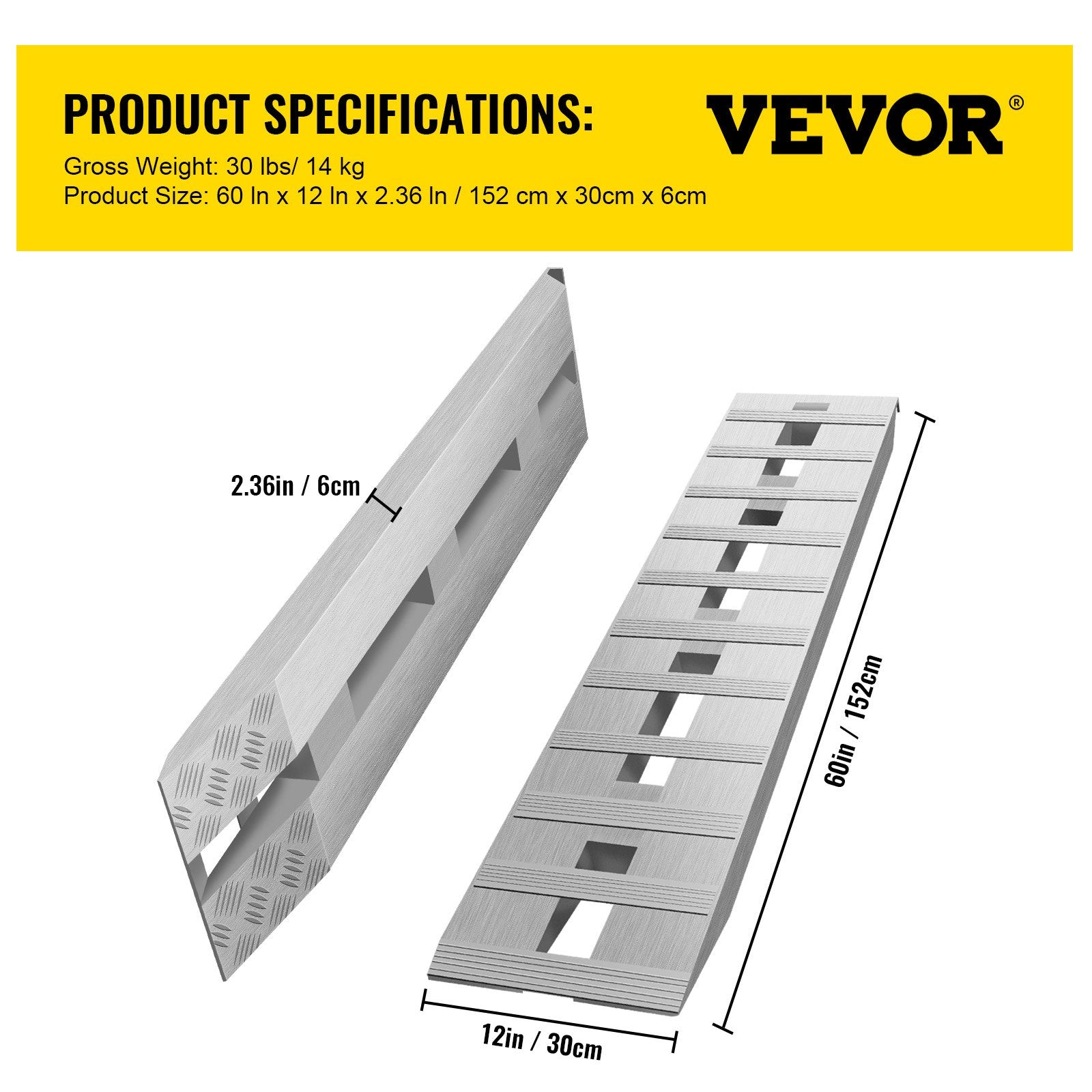 VEVOR 60'' X 12''X 2.5'' Aluminum Trailer Ramps 6000LBS Total Beavertail Hook End 1 Pair 2 Ramps