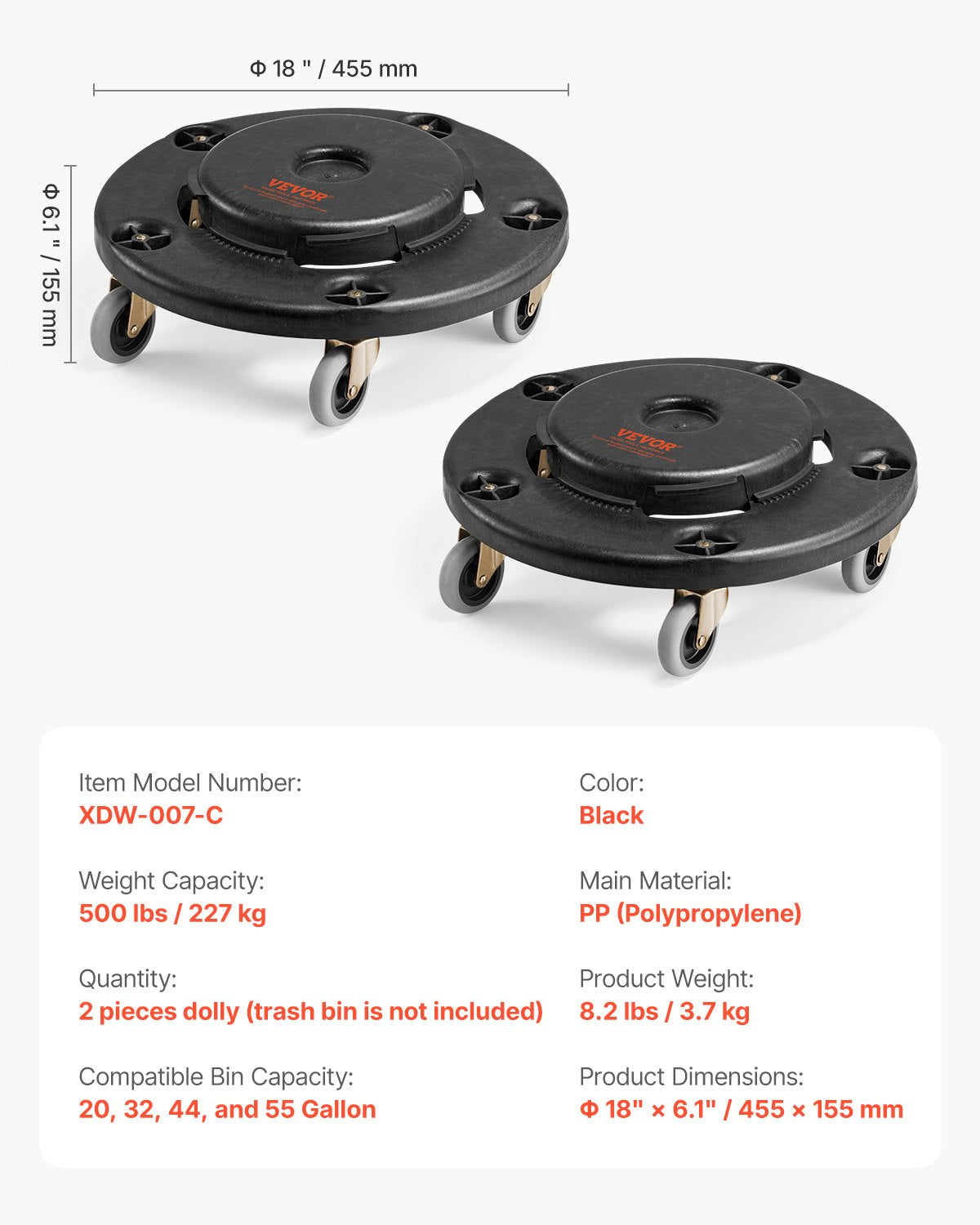 VEVOR 2 Packs Round Trash Can Dolly Fit 20, 32, 44, 55 Gal Garbage Container