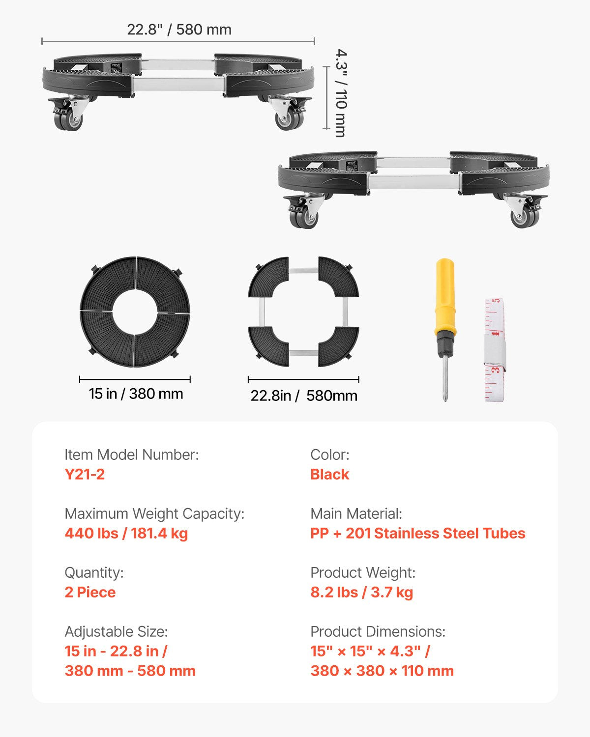 VEVOR 2 Packs Round Trash Can Dolly 15-22.8 in Adjustable Plastic Bin Dolly