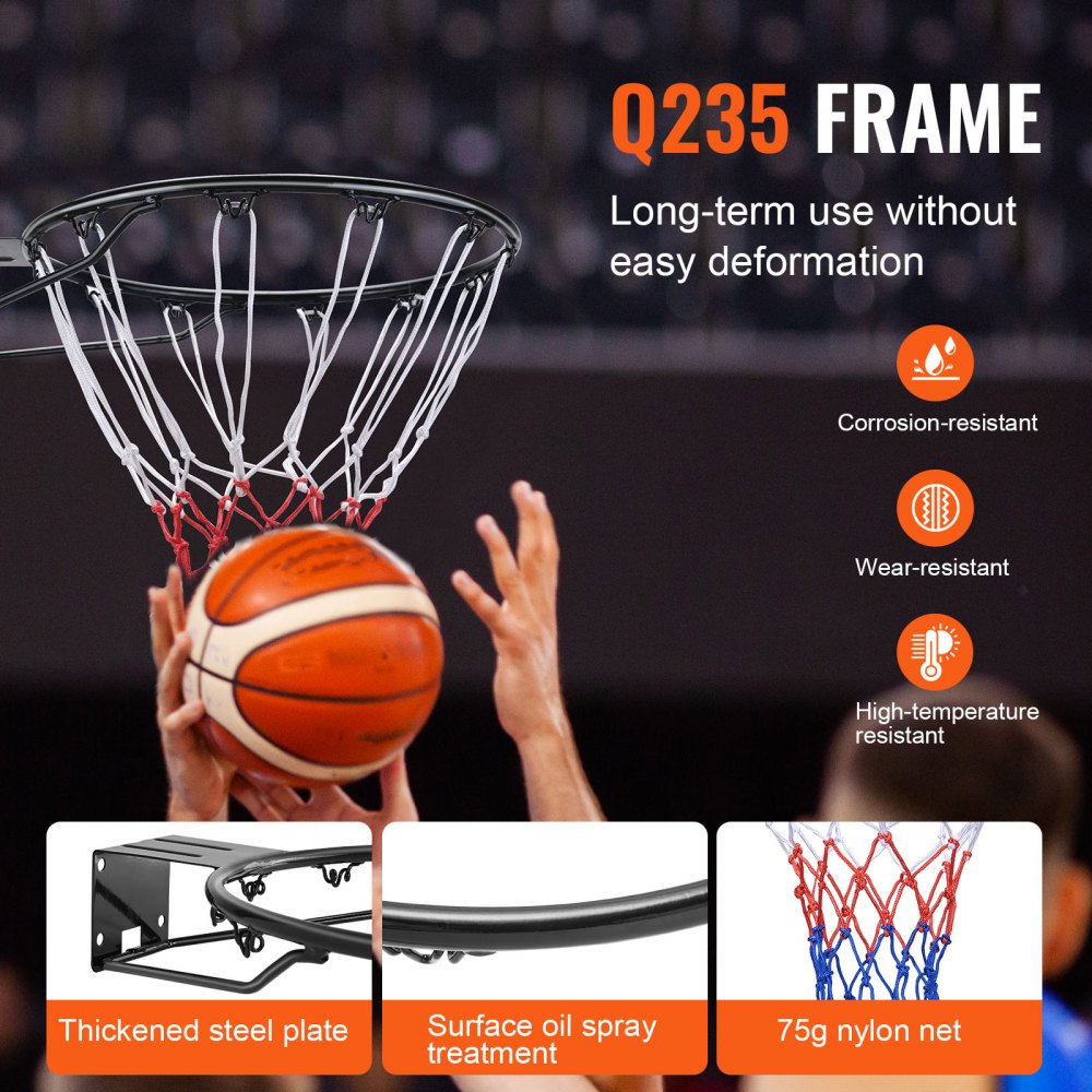 VEVOR Basketball Rim, Wall Door Mounted Basketball Hoop, Heavy Duty Q235 Basketball Flex Rim Goal Replacement with Net and Double Spring, Standard 18" Indoor Outdoor Hanging Hoop for Kids Adults
