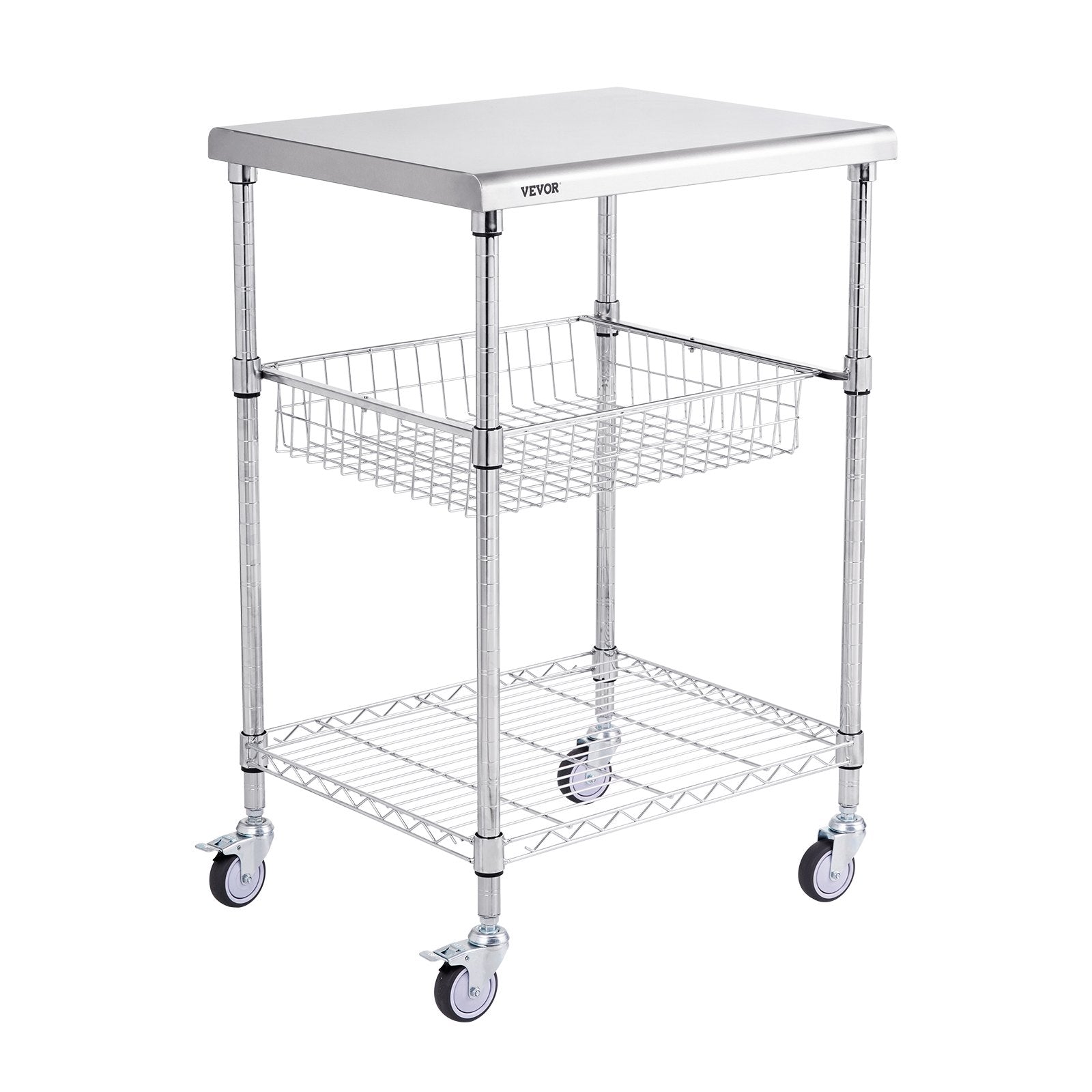 VEVOR Kitchen Utility Cart, 3 Tiers, Wire Rolling Cart with 470LBS Capacity, Steel Service Cart on Wheels, Metal Storage Trolley with 76mm Basket Curved Handle PP Liner 6 Hooks, for Indoor and Outdoor