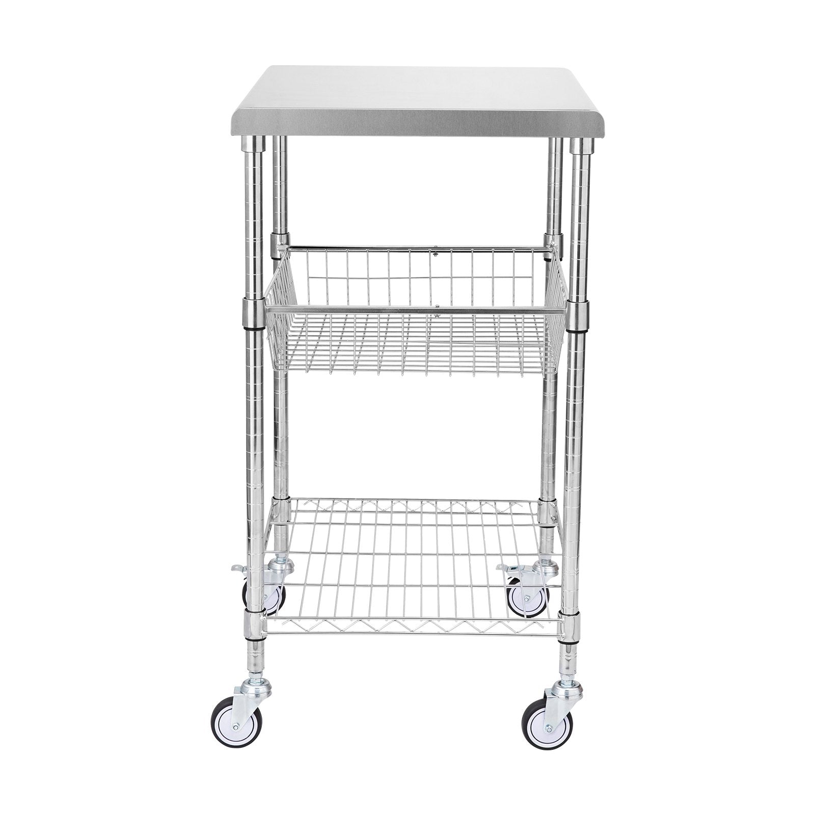 VEVOR Kitchen Utility Cart, 3 Tiers, Wire Rolling Cart with 470LBS Capacity, Steel Service Cart on Wheels, Metal Storage Trolley with 76mm Basket Curved Handle PP Liner 6 Hooks, for Indoor and Outdoor