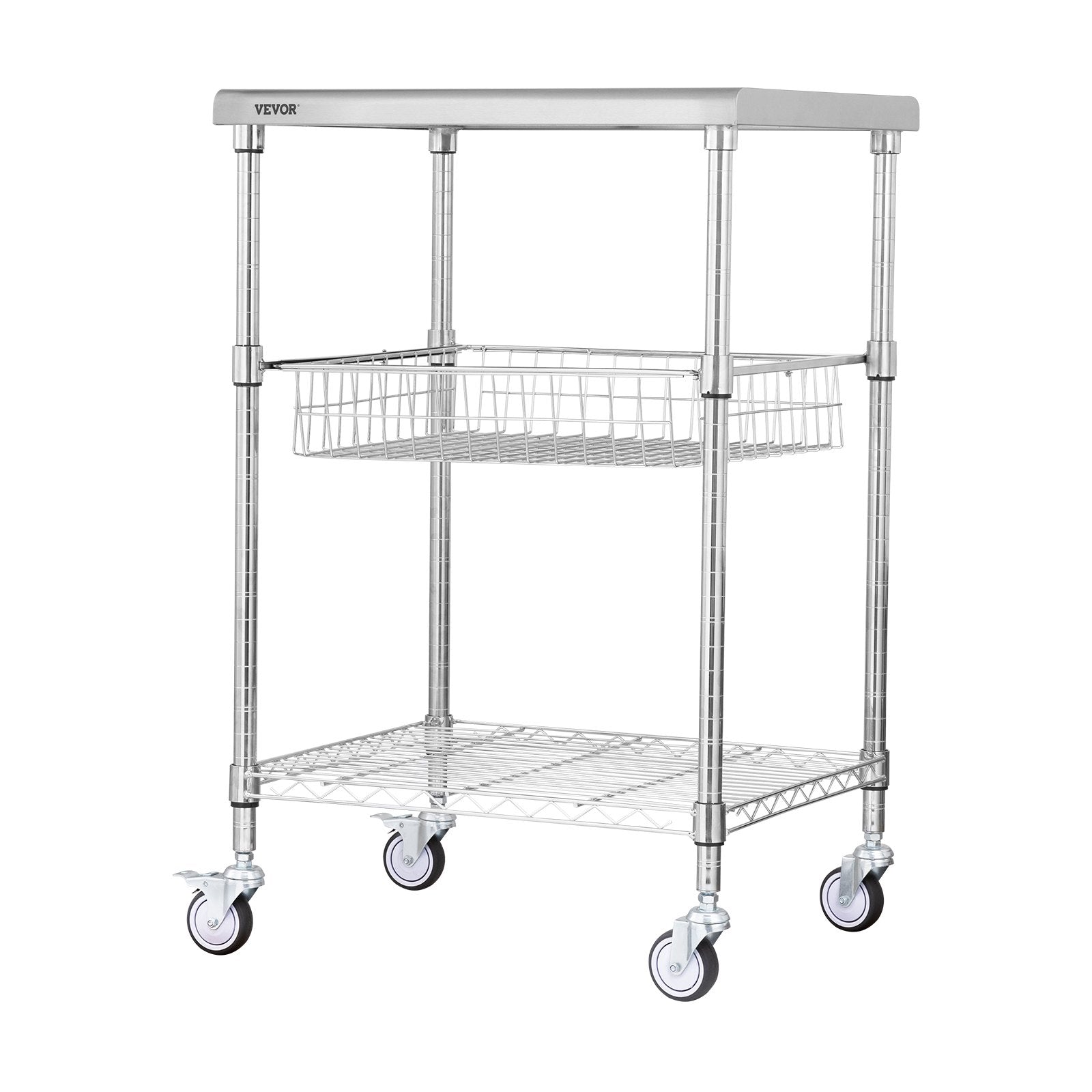 VEVOR Kitchen Utility Cart, 3 Tiers, Wire Rolling Cart with 470LBS Capacity, Steel Service Cart on Wheels, Metal Storage Trolley with 76mm Basket Curved Handle PP Liner 6 Hooks, for Indoor and Outdoor