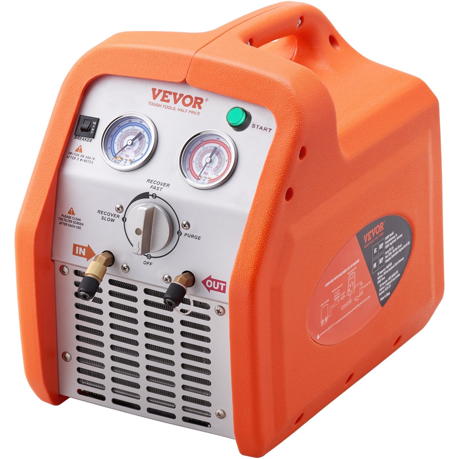 VEVOR 1 HP Refrigerant Recovery Machine - Dual Cylinder Portable AC Recovery Machine with High Pressure Protection 120V 60Hz Recovery Machine HVAC for Vapor Liquid Refrigerant, Car Air Conditioning