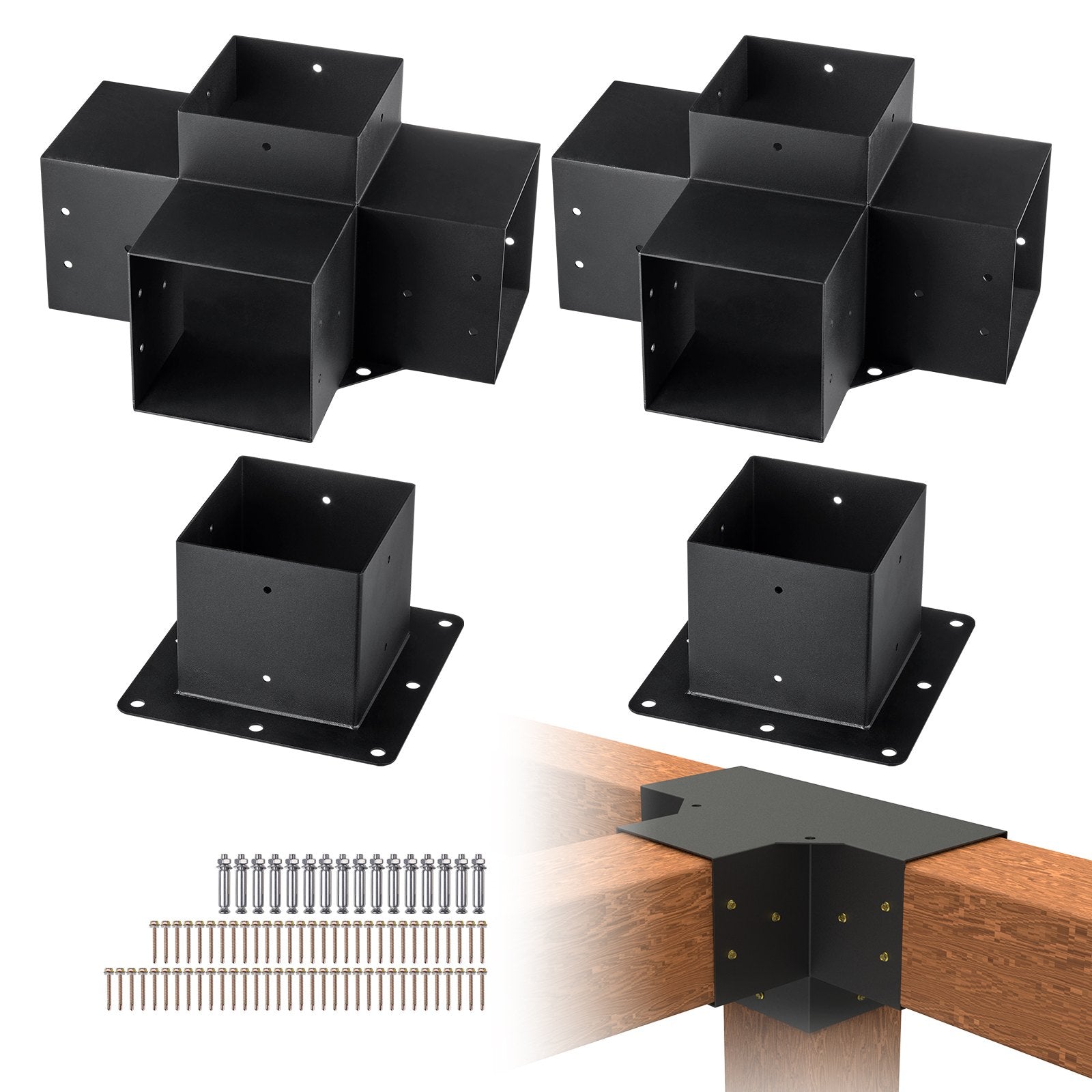 VEVOR Pergola Bracket Kit 6''x6'', 4pcs 4-Way Heavy Duty Corner Bracket Woodworks DIY Post Base Kit, Easy Installation Wooden Beams for Gazebos, Patio Pergolas, Log Cabin Outdoor Pergola Hardware