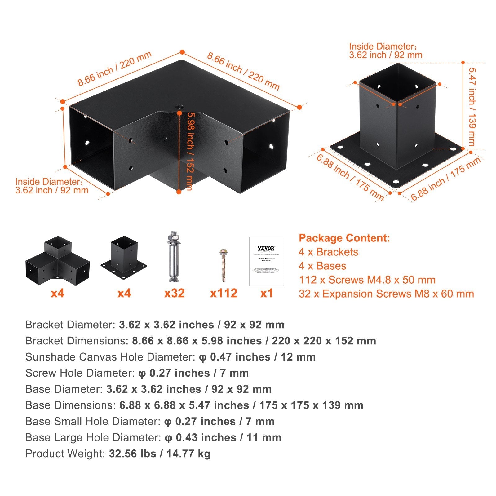VEVOR Pergola Bracket Kit 4''x4'', 8pcs 3-Way Heavy Duty Corner Bracket Woodworks DIY Post Base Kit, Easy Installation Wooden Beams for Gazebos, Patio Pergolas, Log Cabin Outdoor Pergola Hardware