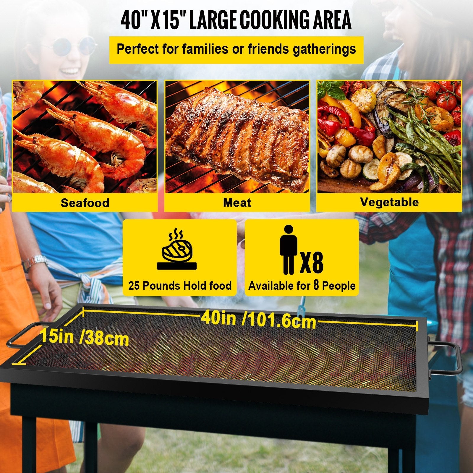 VEVOR Rectangle Fire Pit Grate, 40 x 15 inch Fire Pit Grill Grate, X-Marks Rectangle Grill Grate, Black Steel Fire Grate, Fire Pit Cooking Grate with Handles, Fire Grill Grate for Fire Pit, Campfire