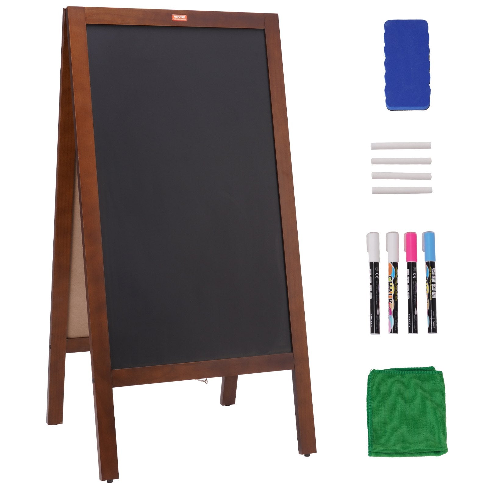 VEOVR A Frame Chalkboard Sign, 20"x40" Double-Sided Sidewalk Signs, Freestanding Vintage Wooden Chalk Board with Chalks & Magnetic Eraser, Rustic Brown Outdoor Sandwich Board For Kitchen Home Wedding