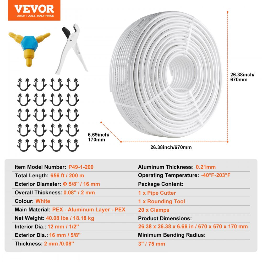 VEVOR PEX-AL-PEX Tube, 656ft, 5/8'' Diameter Aluminum-Plastic Composite Pipe Oxygen Barrier Radiant Floor PEX Pipe, 0.08'' Thickness Radiant Heat Floor Plumbing Inner Aluminum Layer PEX Tubing Pipe