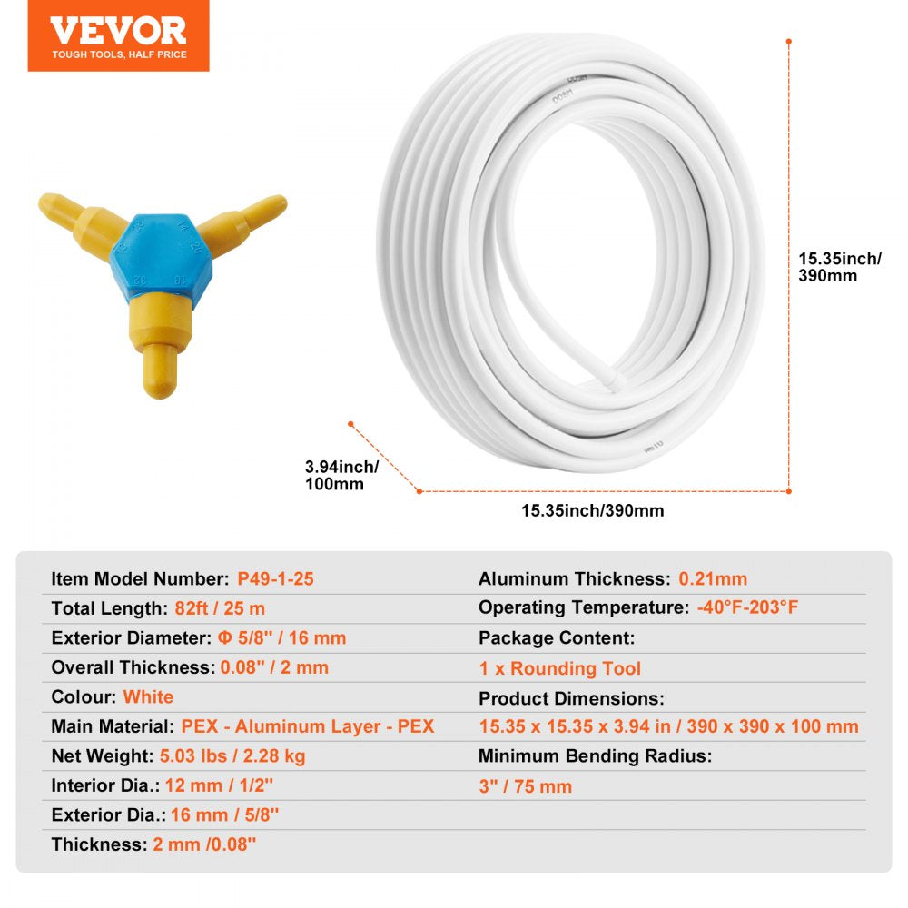 VEVOR PEX-AL-PEX Tube, 82ft, 5/8'' Diameter Aluminum-Plastic Composite Pipe Oxygen Barrier Radiant Floor PEX Pipe, 0.08'' Thickness Radiant Heat Floor Plumbing 25M Inner Aluminum Layer PEX Tubing Pipe