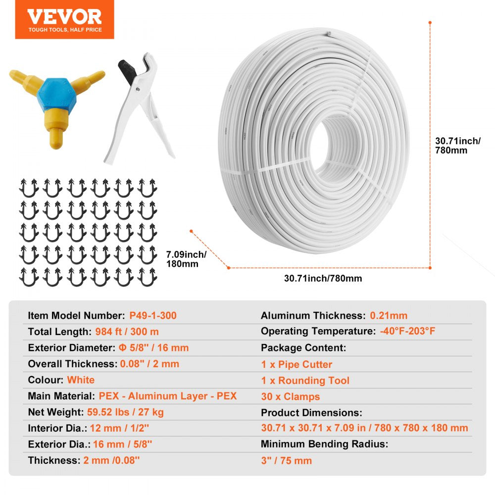 VEVOR PEX-AL-PEX Tube, 984ft, 5/8'' Diameter Aluminum-Plastic Composite Pipe Oxygen Barrier Radiant Floor PEX Pipe, 0.08'' Thickness Radiant Heat Floor Plumbing Inner Aluminum Layer PEX Tubing Pipe