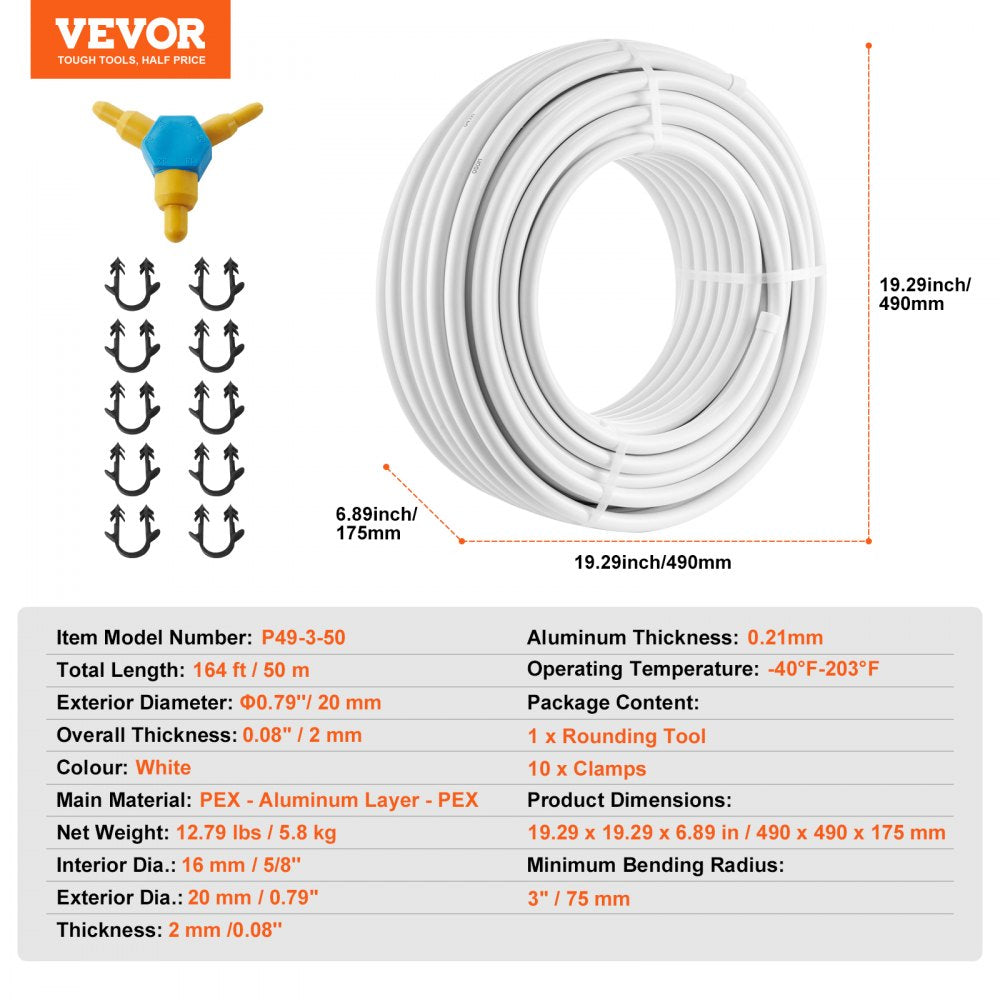 VEVOR PEX-AL-PEX Tube, 164 ft, 0.79'' Diameter Aluminum-Plastic Composite Pipe Oxygen Barrier Radiant Floor PEX Pipe, 0.08'' Thickness Radiant Heat Floor Plumbing Inner Aluminum Layer PEX Tubing Pipe