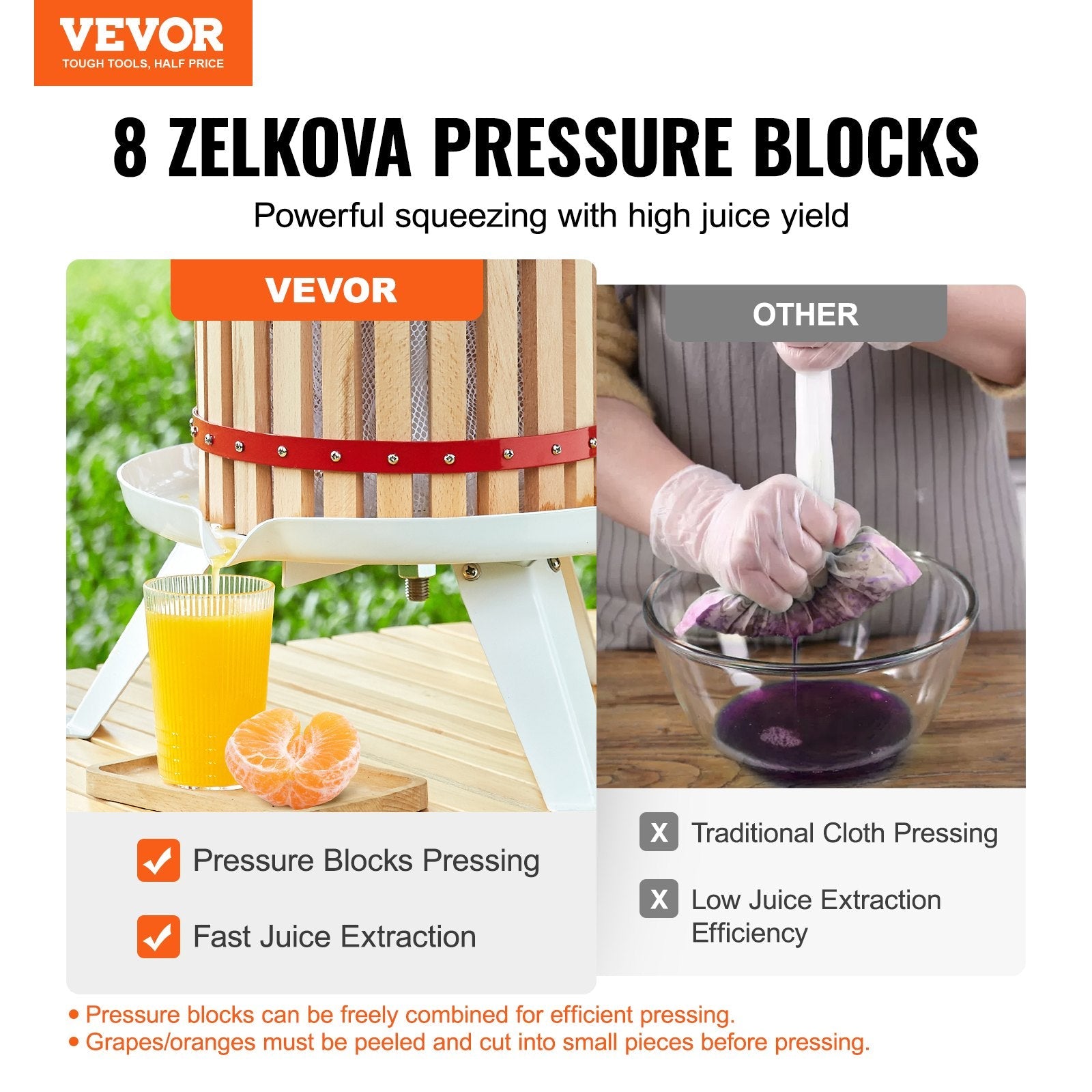 VEVOR Fruit Wine Press, 4.4 Gallon/16.7L, Solid Wood Basket with 8 Blocks, Manual Juice Maker, Cider Apple Grape Tincture Vegetables Honey Olive Oil Making Press with Pole Handle Bar for Kitchen, Home