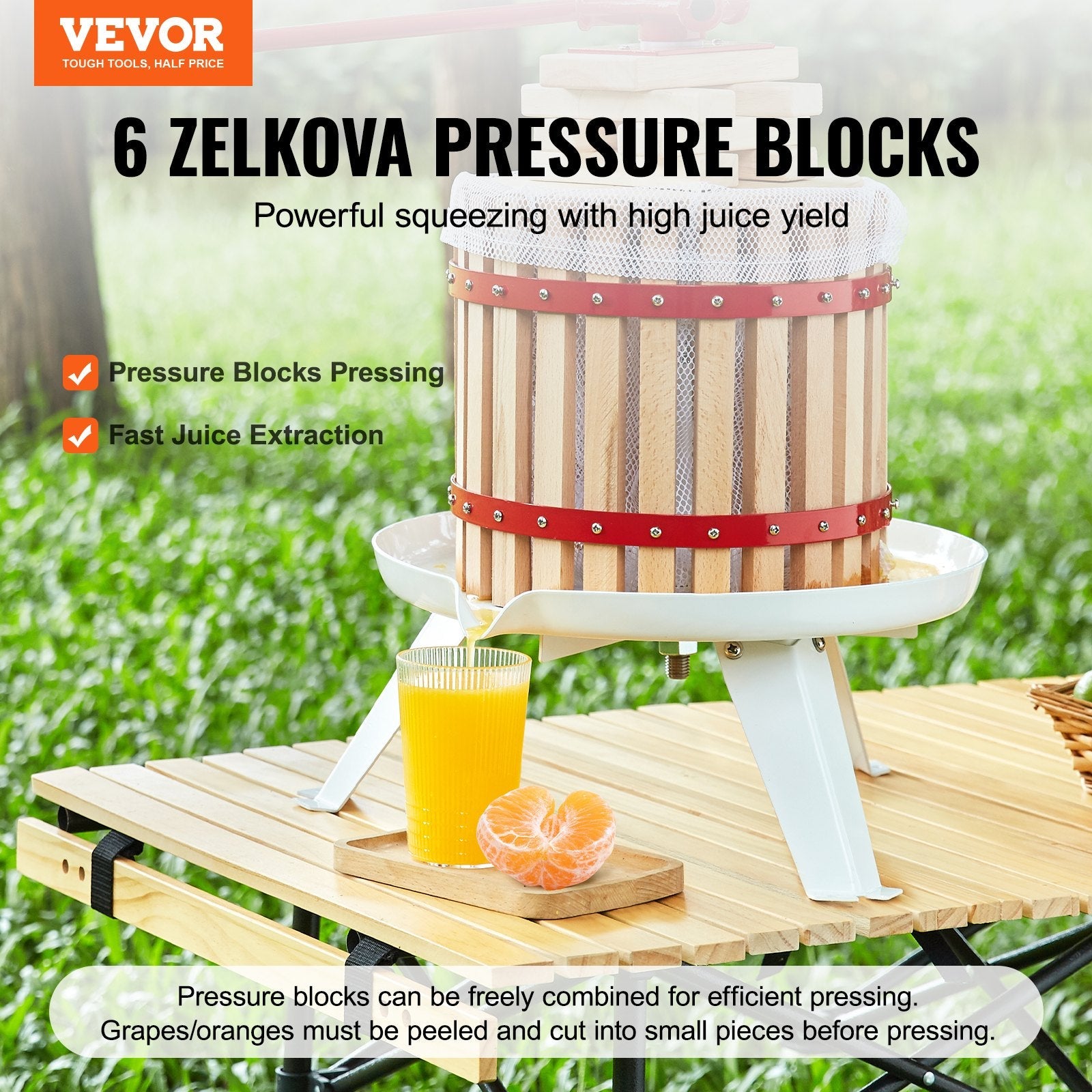 VEVOR Fruit Wine Press, 1.6 Gal/6.4L, Solid Wood Basket with 6 Blocks, Manual Juice Maker, Cider Apple Grape Tincture Vegetables Honey Olive Oil Making Press with Pole Handle Bar for Kitchen and Home