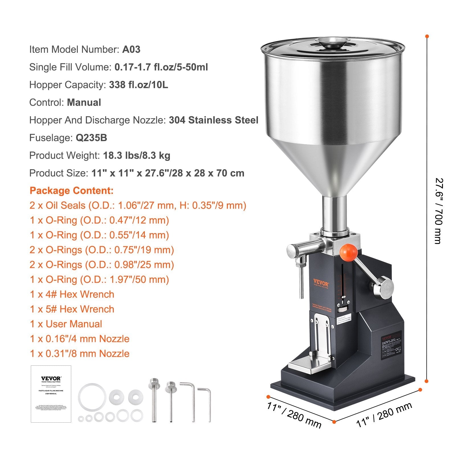 VEVOR Manual Paste Liquid Filling Machine, 5-50ml Bottle Filler, Adjustable Bottle Filling Machine, Stainless Steel Liquid Filler with Hopper for Milk Water Juice Essential Oil Shampoo Cosmetic Honey