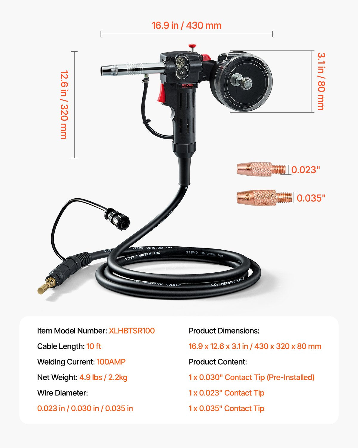 VEVOR 100Amp Spool Gun with 10FT Cable for 0.023" 0.030" 0.035" Welding Wires