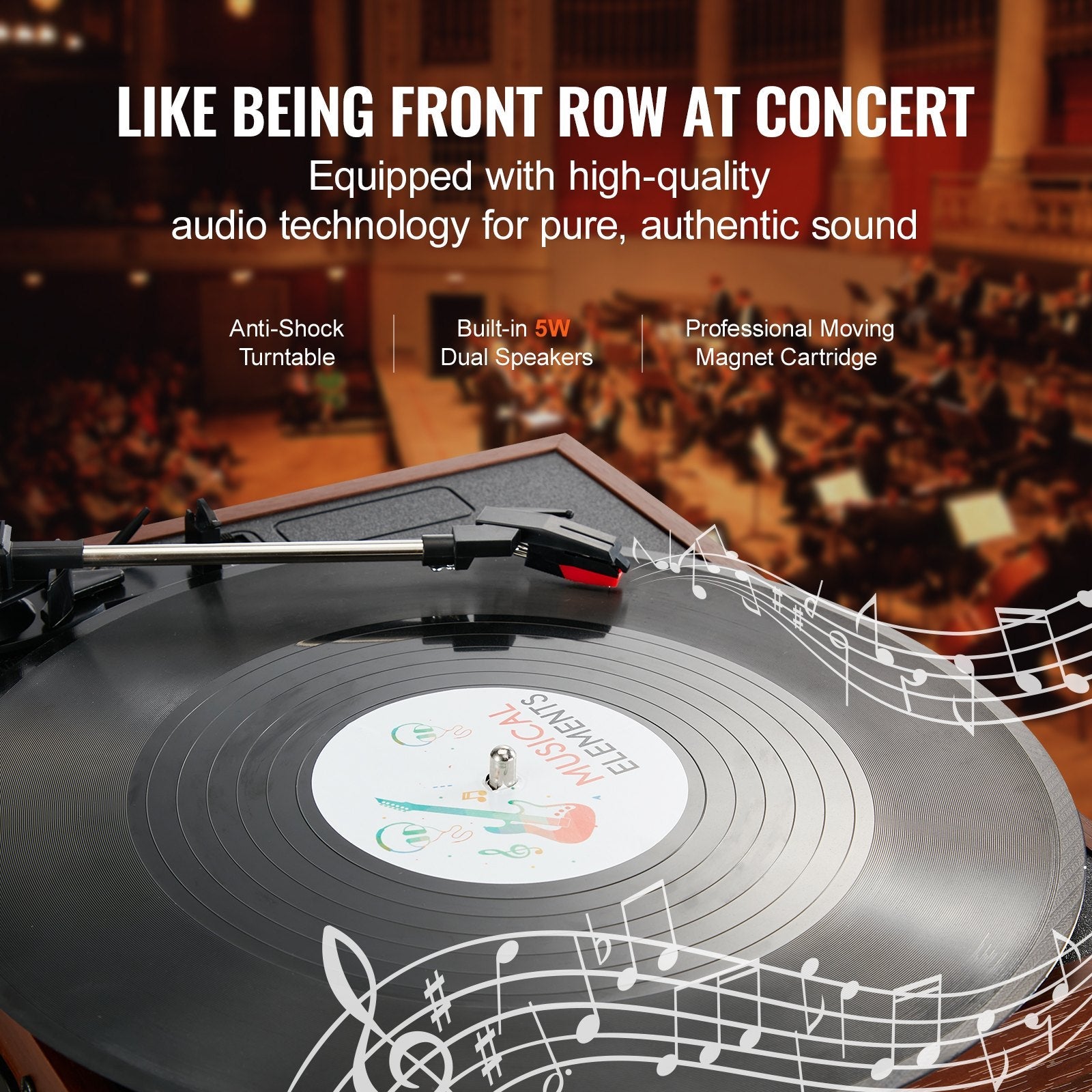 VEVOR Bluetooth Vinyl Record Player 3-Speed Belt Driven Turntable 10W Speakers