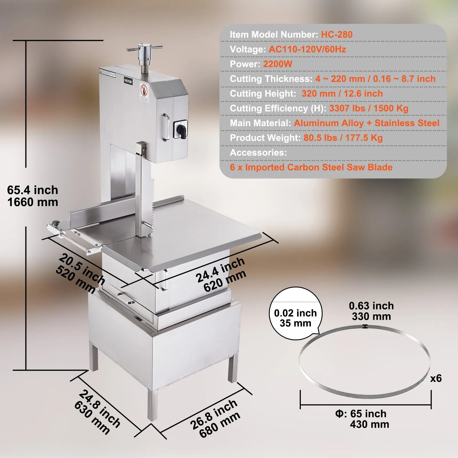 VEVOR Commercial Electric Meat Bandsaw, 2200W Stainless Steel Vertical Bone Sawing Machine, Workbeach 24.4" x 20.5", 0.16-8.7 Inch Cutting Thickness, Frozen Meat Cutter with 6 Blades for Rib Pork Beef