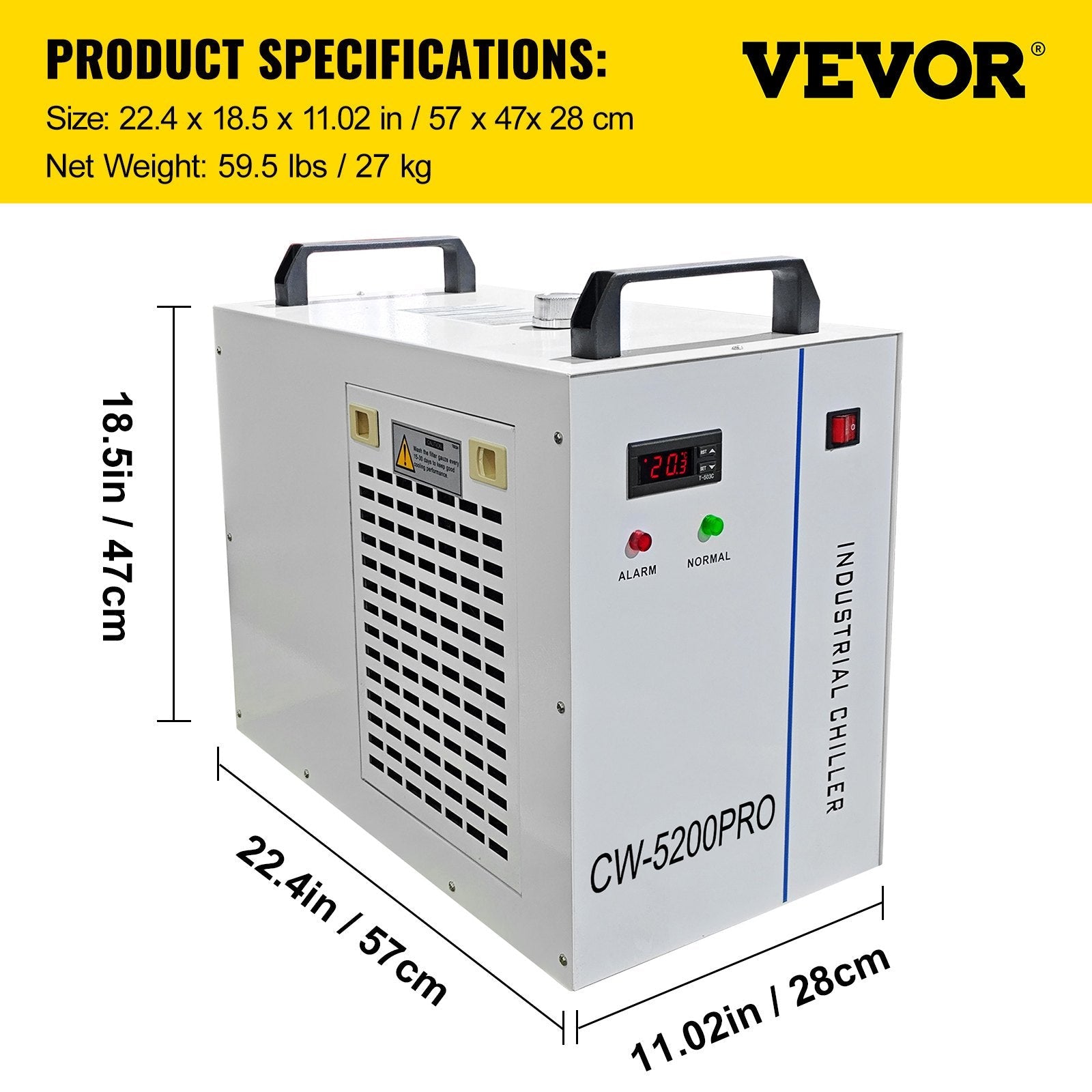 VEVOR Industrial Chiller, CW5200 Industrial Water Chiller, 1400W Cooling Capacity, 6L Capacity Cooling Water, Precise Thermostat Recirculating Chiller for 130/150W Engraving Machine Cooling Machine