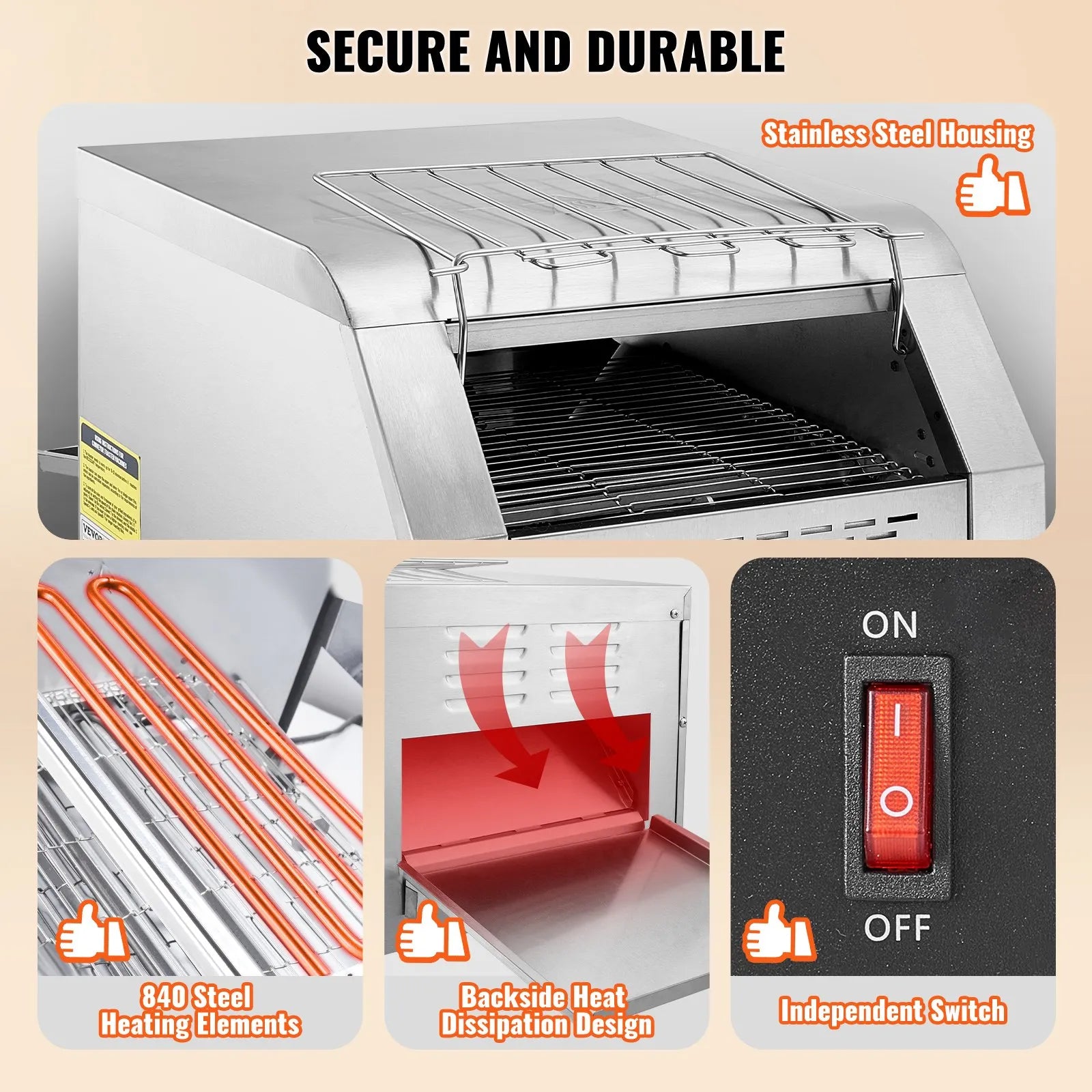 VEVOR Commercial Conveyor Toaster, 300 Slices/Hour Conveyor Belt Toaster, Heavy Duty Stainless Steel Commercial Toaster Oven, Electric Restaurant Commercial Toaster for Toast Bun, Bagel, Bread