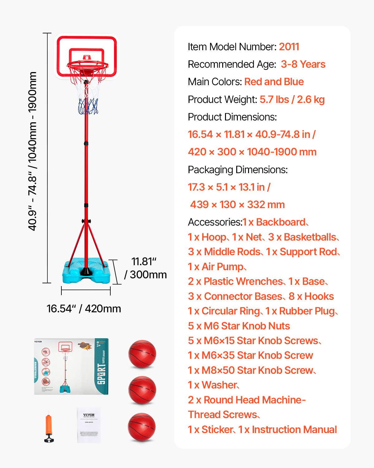 VEVOR Kids Basketball Hoop Height Adjustable Portable Basketball Court for Kids