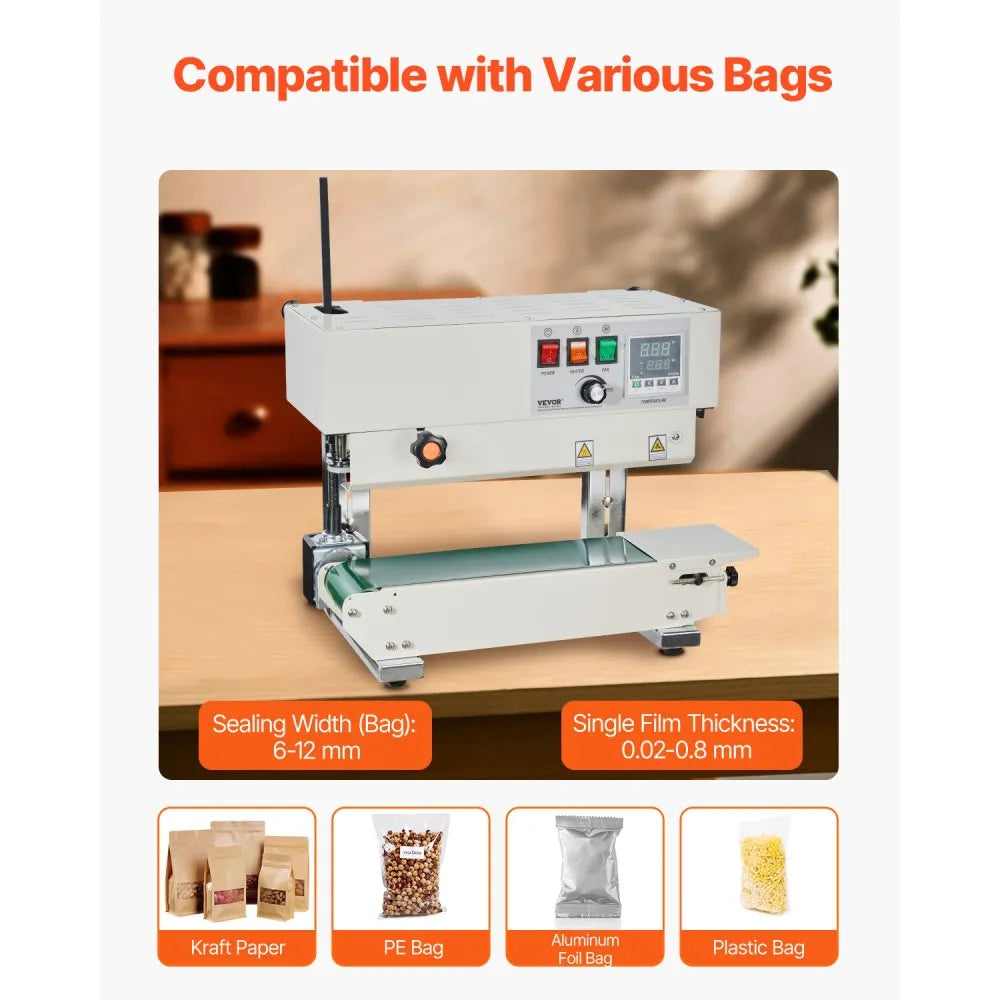 Continuous Bag Band Sealing Machine, 600W with Digital Temperature Control