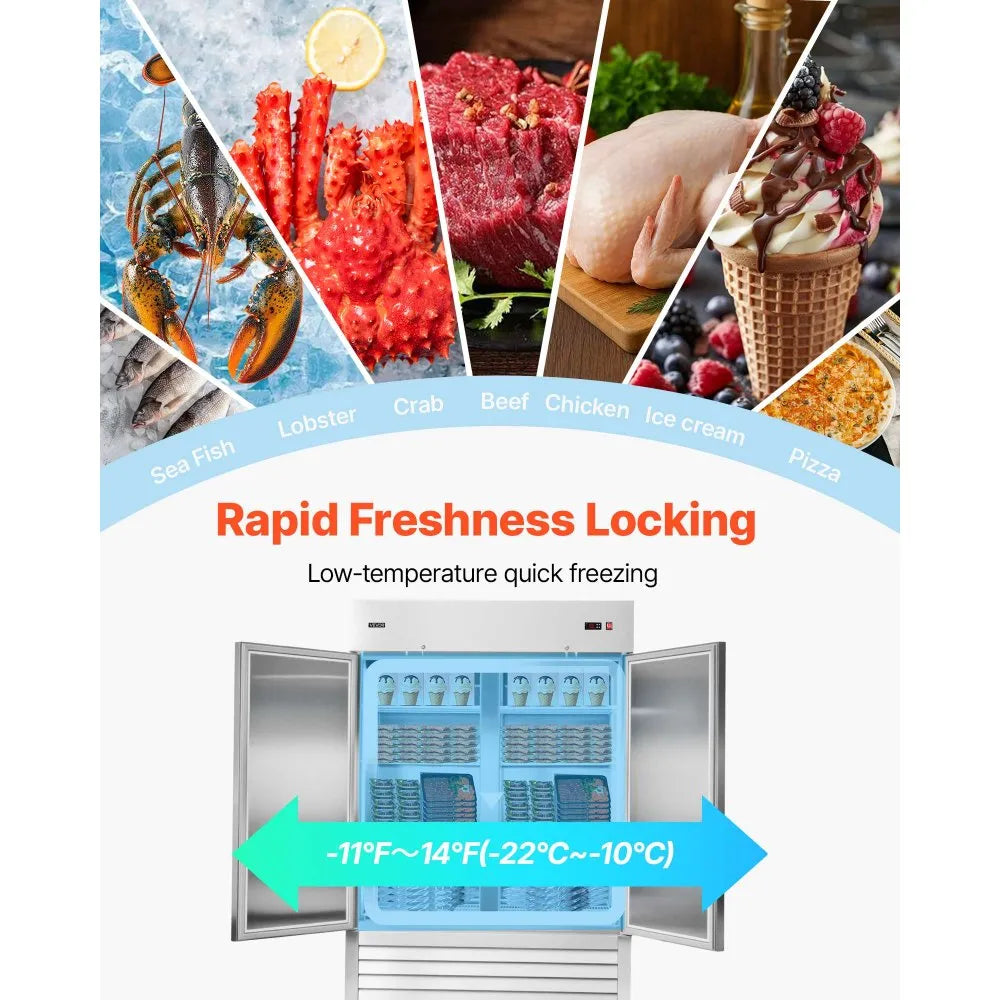 VEVOR Commercial Reach-In Freezer 54" Double Door, 44 Cu. Ft. Stainless Steel Upright Freezer with Auto Defrost, Digital Temperature Control, 8 Adjustable Shelves, ETL Certified