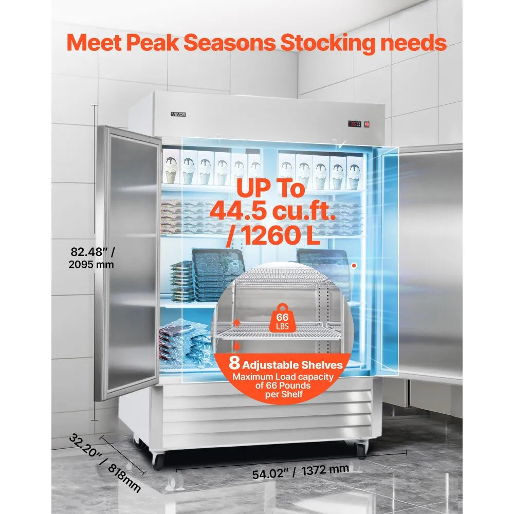 VEVOR Commercial Reach-In Freezer 54" Double Door, 44 Cu. Ft. Stainless Steel Upright Freezer with Auto Defrost, Digital Temperature Control, 8 Adjustable Shelves, ETL Certified