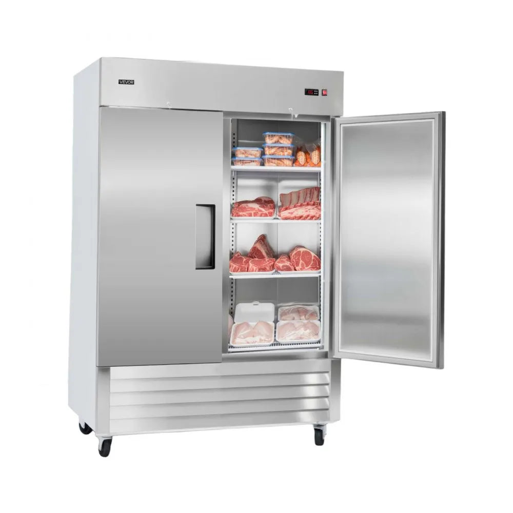 VEVOR Commercial Reach-In Freezer 54" Double Door, 44 Cu. Ft. Stainless Steel Upright Freezer with Auto Defrost, Digital Temperature Control, 8 Adjustable Shelves, ETL Certified
