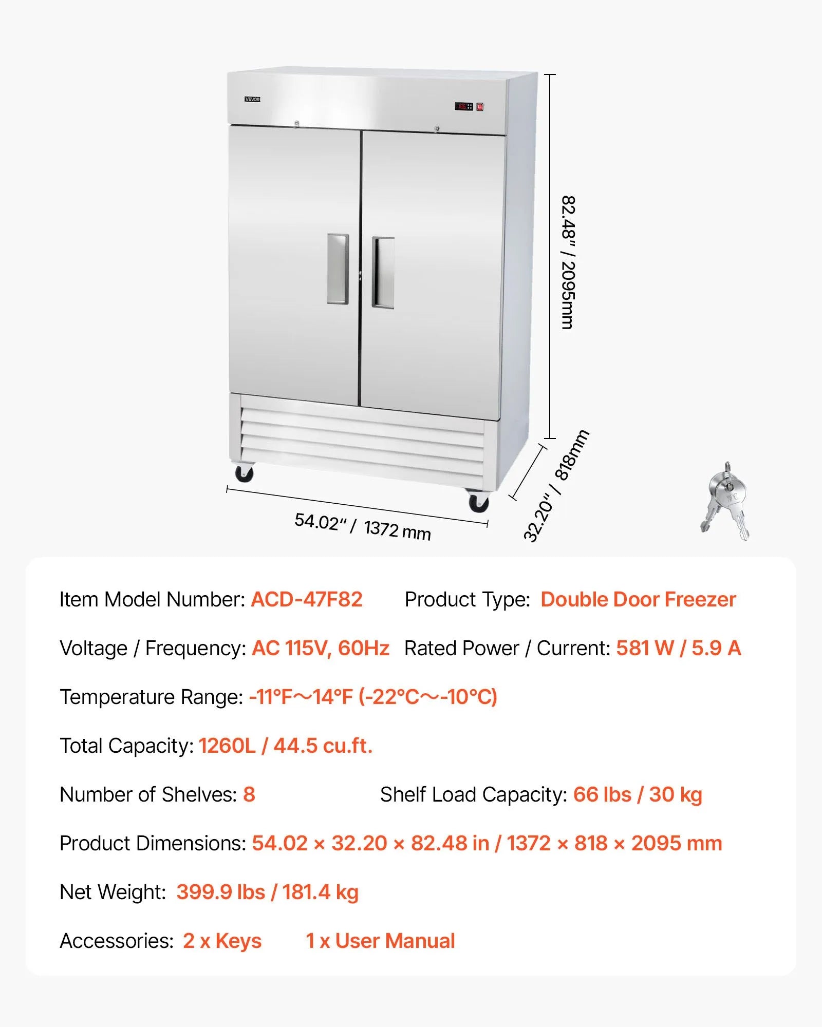 VEVOR Commercial Reach-In Freezer 54" Double Door, 44 Cu. Ft. Stainless Steel Upright Freezer with Auto Defrost, Digital Temperature Control, 8 Adjustable Shelves, ETL Certified