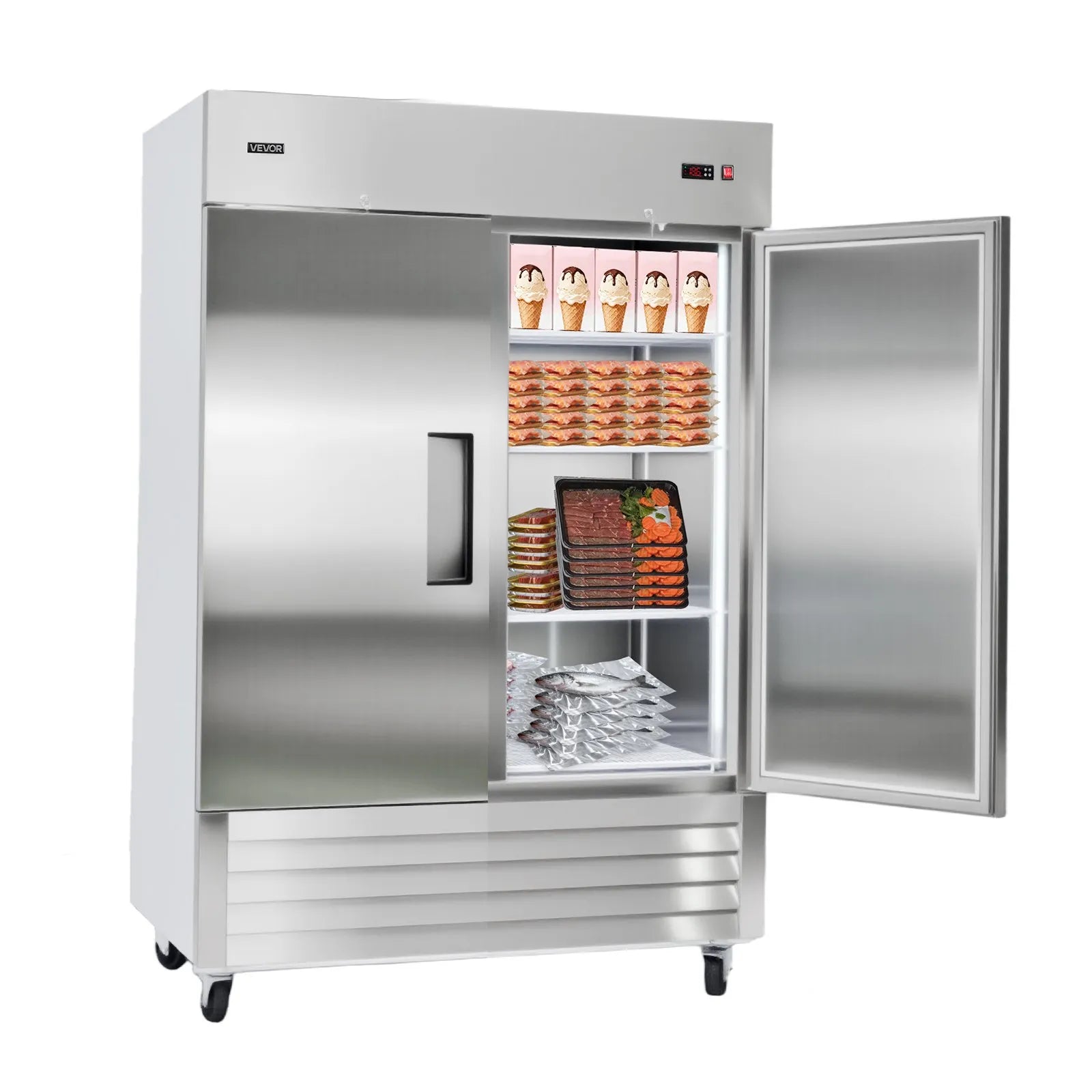 VEVOR Commercial Reach-In Freezer 54" Double Door, 44 Cu. Ft. Stainless Steel Upright Freezer with Auto Defrost, Digital Temperature Control, 8 Adjustable Shelves, ETL Certified
