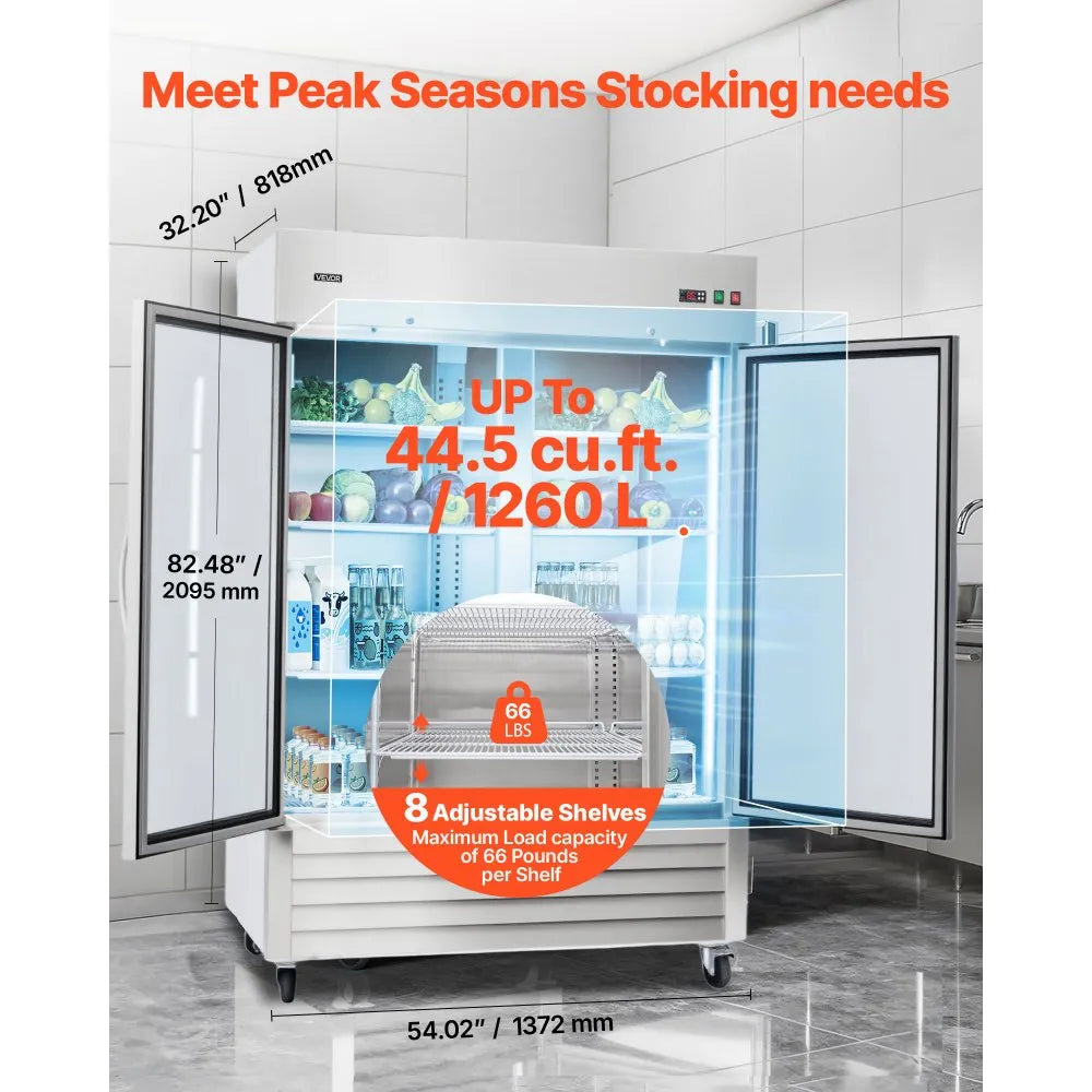 Commercial Reach-In Refrigerator 54" Double Glass Door | 44.5 Cu.Ft Stainless Steel Upright Refrigerator | ETL Certified