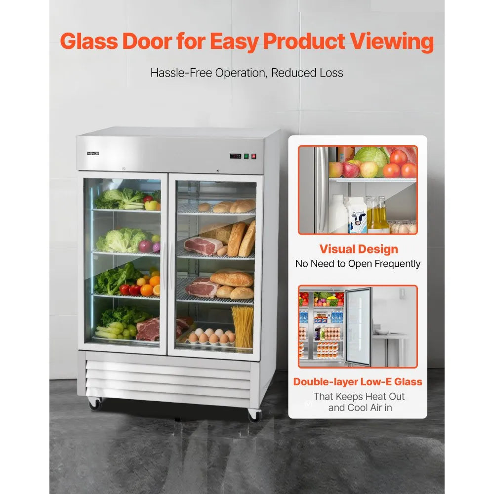 Commercial Reach-In Refrigerator 54" Double Glass Door | 44.5 Cu.Ft Stainless Steel Upright Refrigerator | ETL Certified
