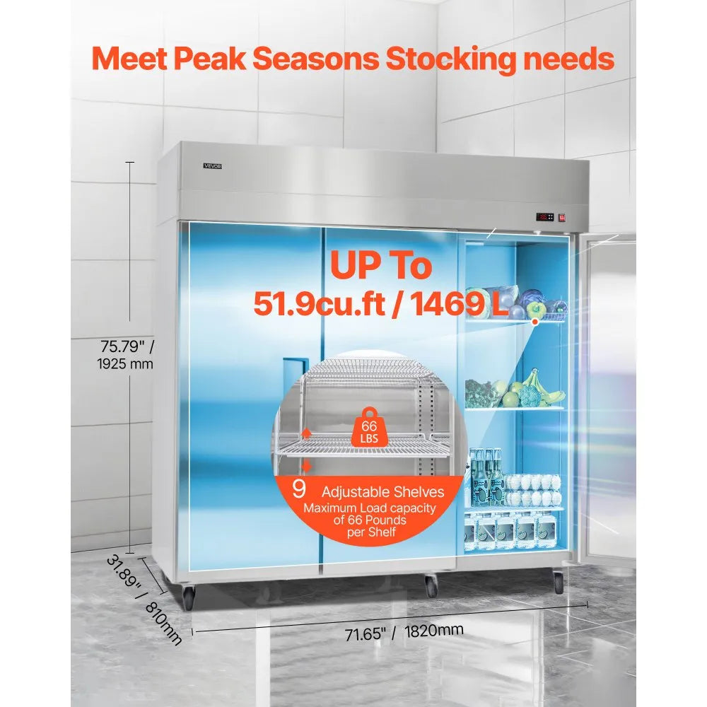 72" Commercial Reach-In Refrigerator – 52 Cu. Ft. Three-Door Stainless Steel Refrigerator with Auto Defrost