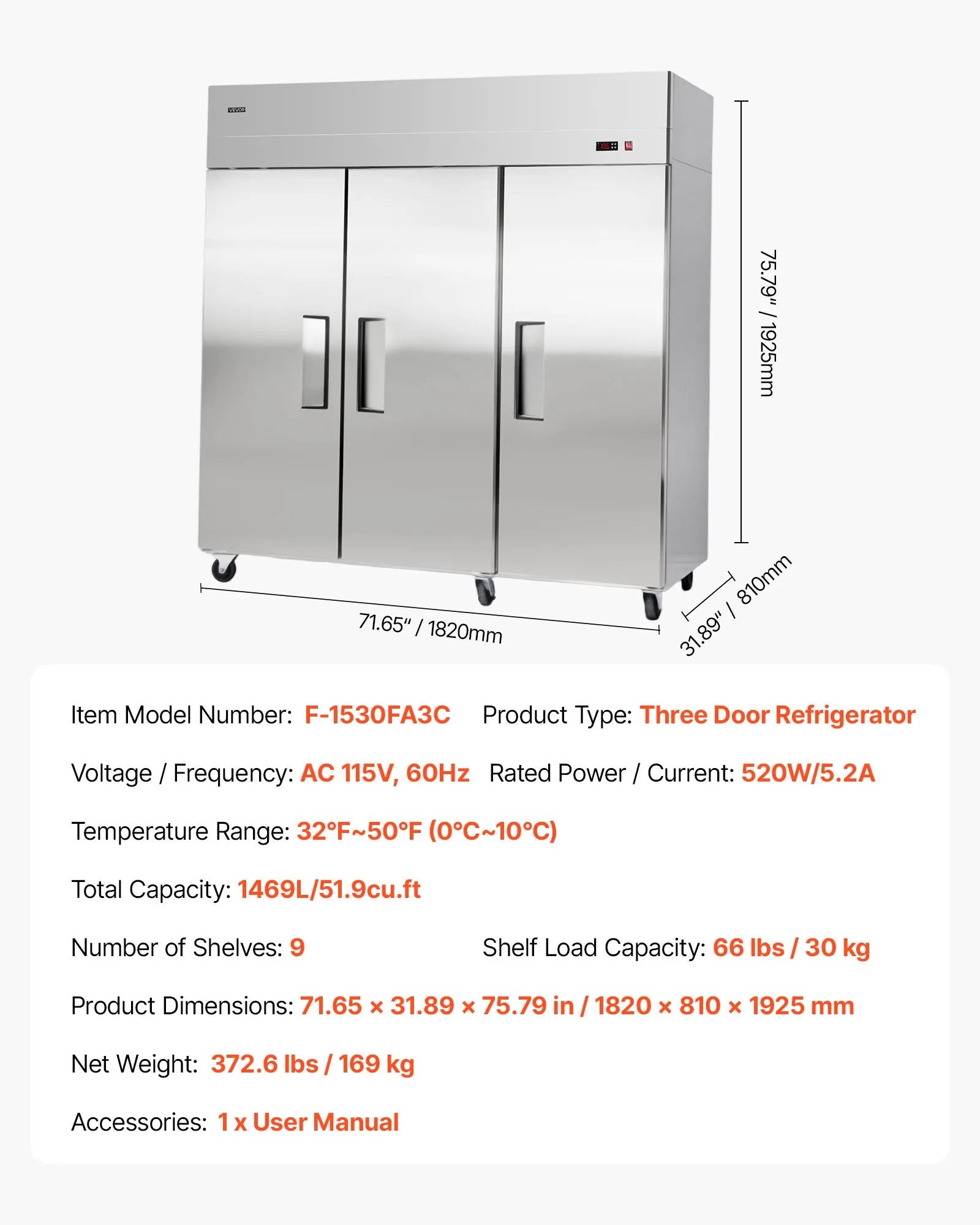 72" Commercial Reach-In Refrigerator – 52 Cu. Ft. Three-Door Stainless Steel Refrigerator with Auto Defrost