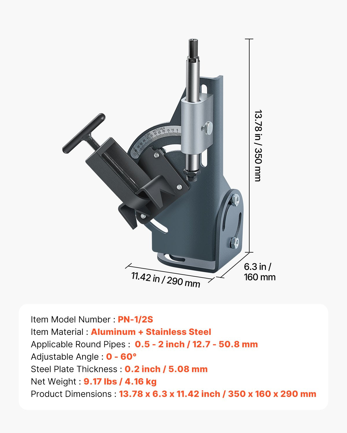 VEVOR Pipe Notcher 1/2 to 2-inch Tubing Notcher with 0 to 60° Adjustable Angle