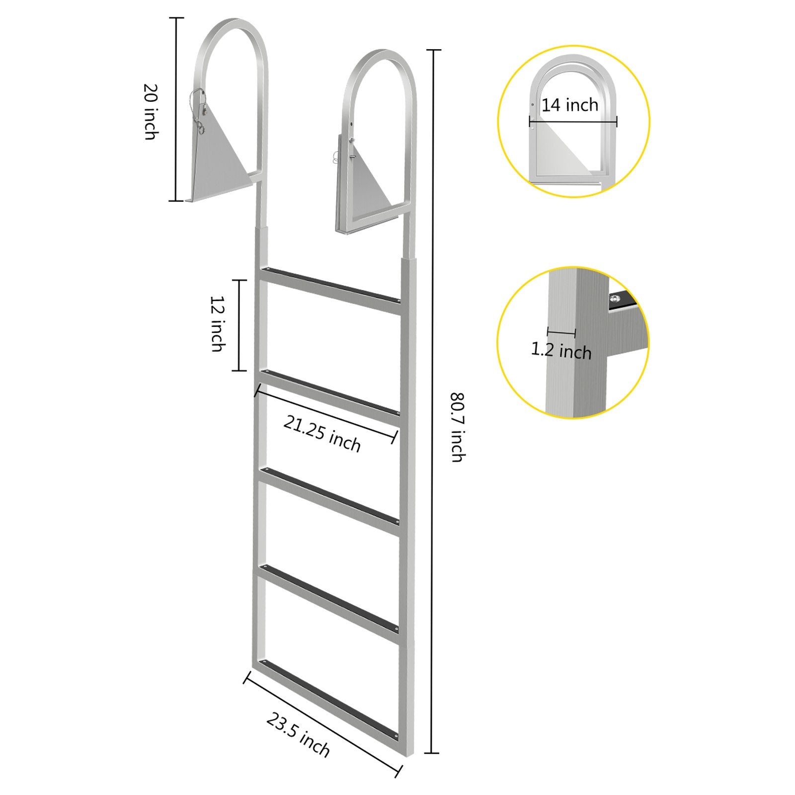 VEVOR Dock Ladders Flip Up, Dock Ladder with Rubber Mat, Swim Ladder Aluminum 5 Step, Each Step 21.5\" x 1.2\", 350Lbs Load, for Lake, Marine Boarding, Pool