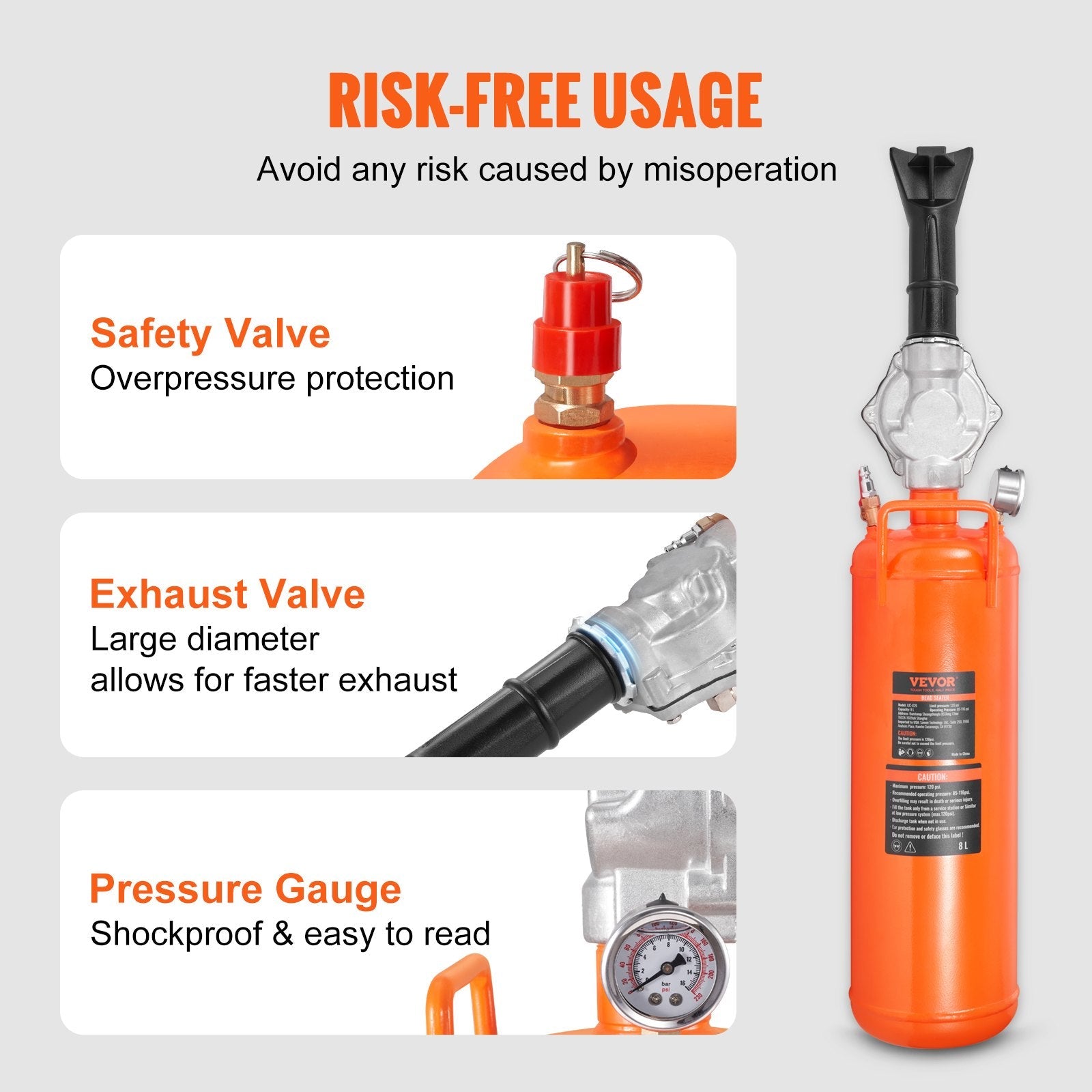 VEVOR Tire Bead Setter, 8L Capacity, 120 PSI Air Bead Blaster, Handheld & Portable Inflation Device, 85-116 PSI for Trucks, Tractors, ATVs & Cars