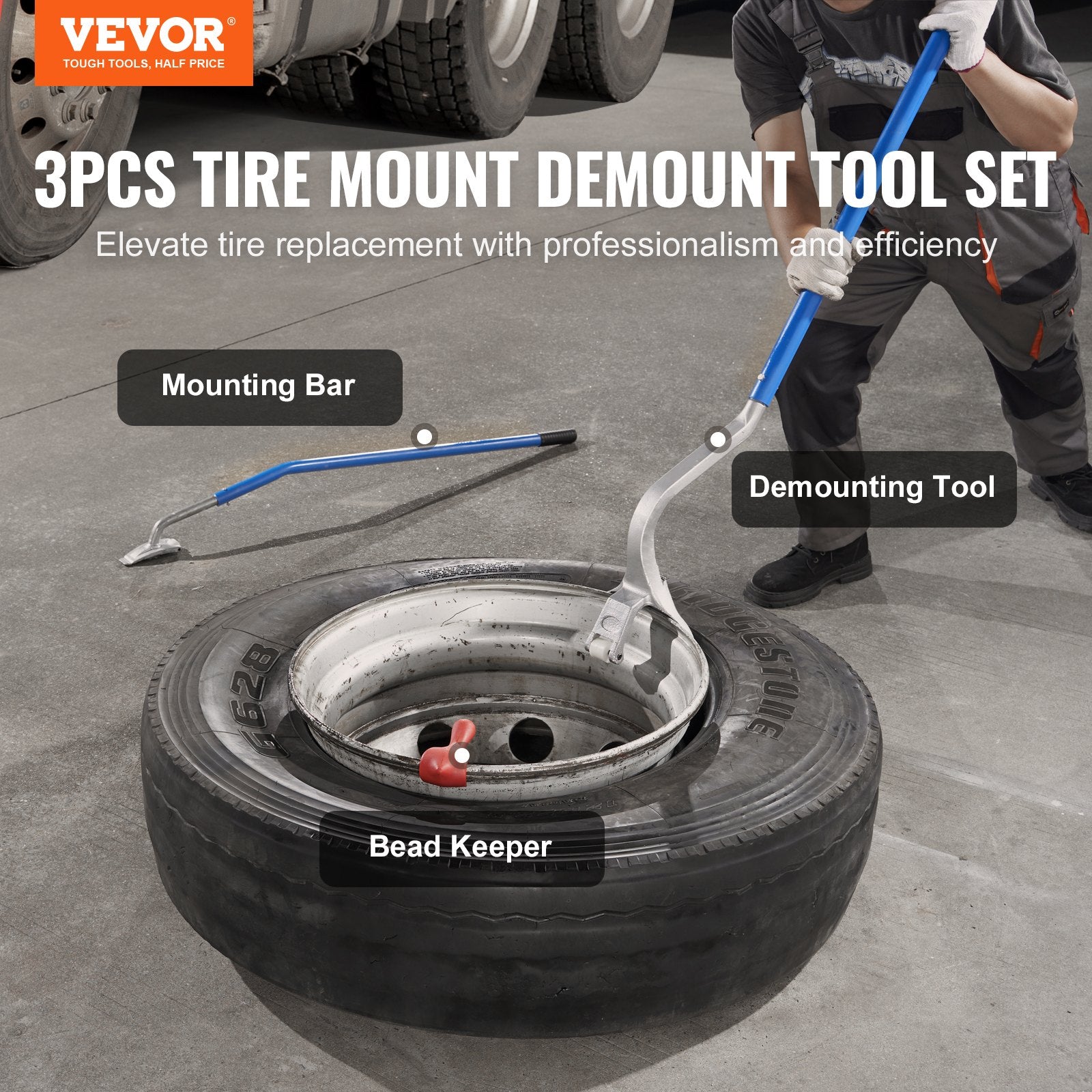VEVOR Tire Mount Demount Tool, 22.5"-24.5" Manual Steel Tire Changer Mount Demount Removal Tool, with Extra Bead Keeper, Tubeless Truck Bead Breaker, 3 PCS Tire Changing Tools, Orange