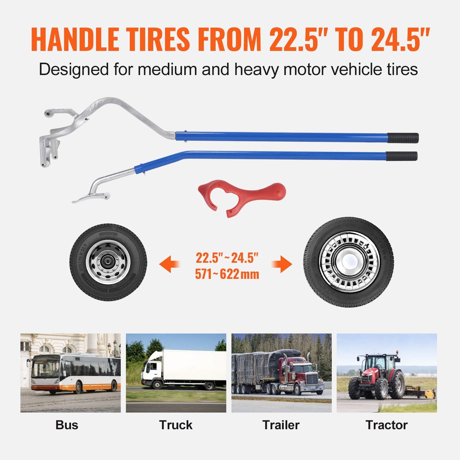 VEVOR Tire Mount Demount Tool, 22.5"-24.5" Manual Steel Tire Changer Mount Demount Removal Tool, with Extra Bead Keeper, Tubeless Truck Bead Breaker, 3 PCS Tire Changing Tools, Orange