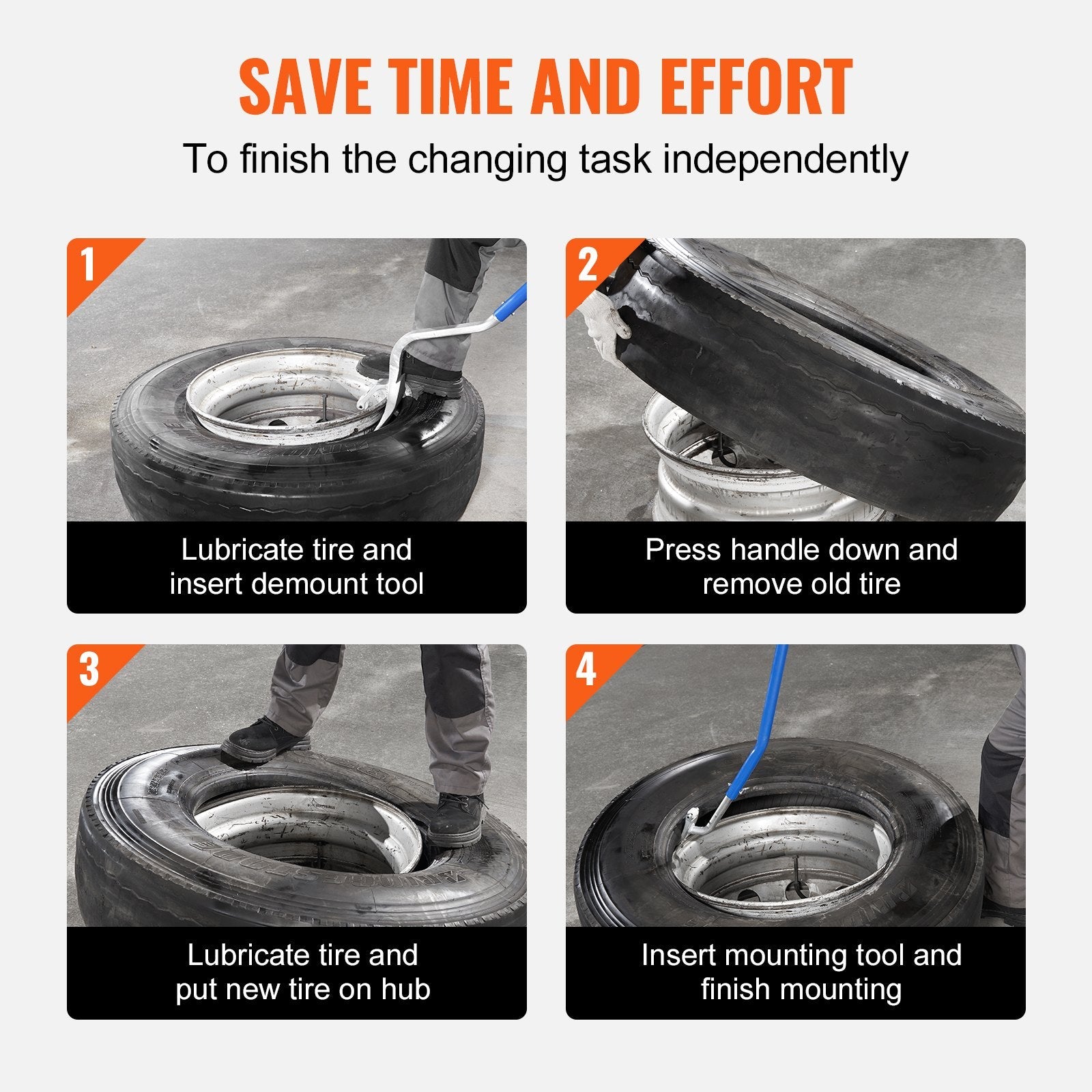 VEVOR Tire Mount Demount Tool, 22.5"-24.5" Manual Steel Tire Changer Mount Demount Removal Tool, with Extra Bead Keeper, Tubeless Truck Bead Breaker, 3 PCS Tire Changing Tools, Orange